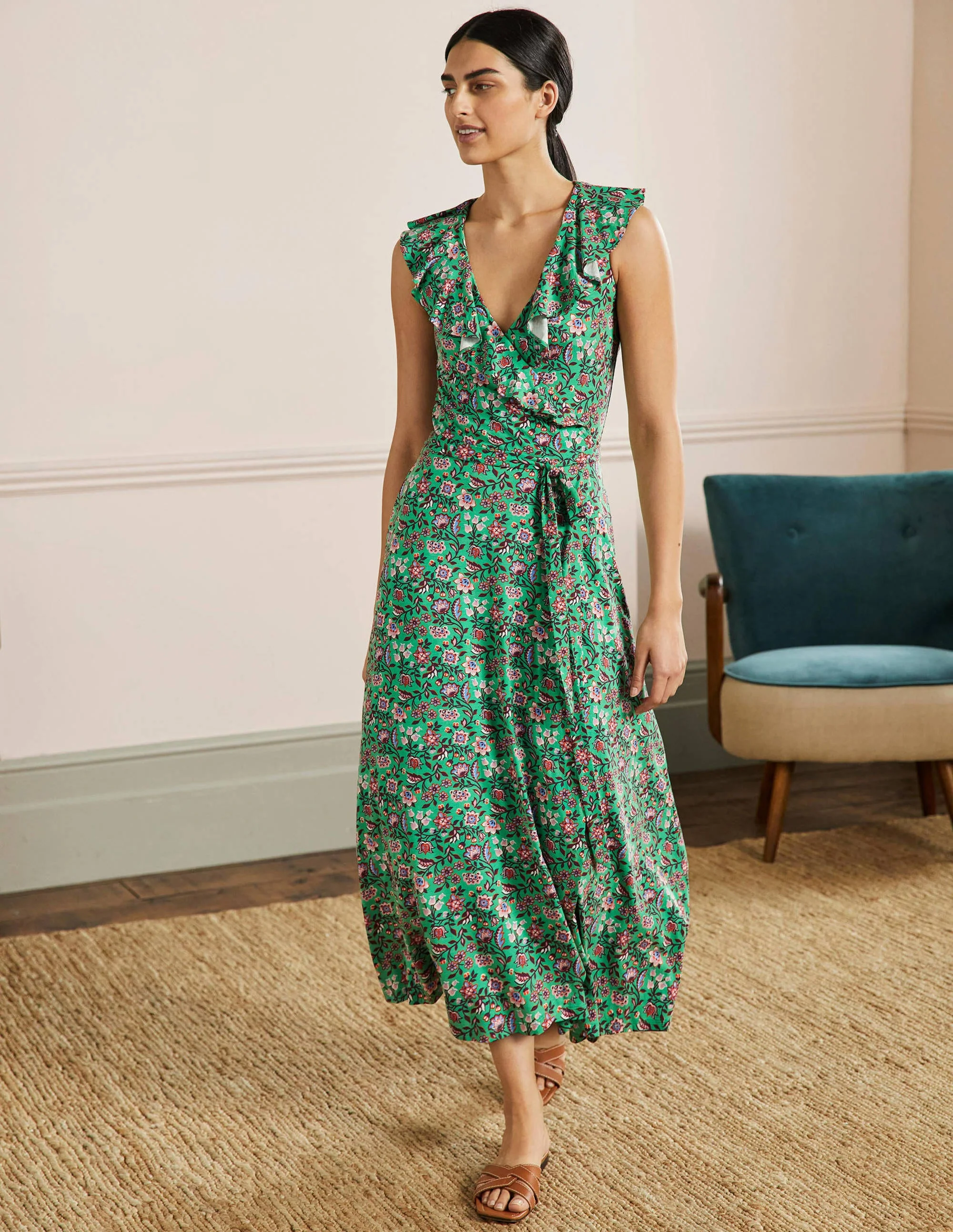 Saskia Maxi-Wickelkleid aus Jersey-Grüne Lagune, Orientalische Wiese - Image 4