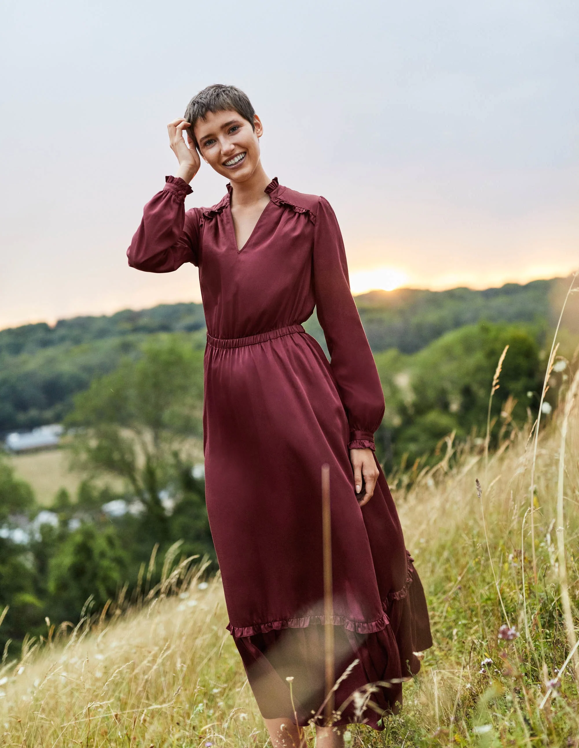 Satin-Midikleid mit Plisseefalten-Glühweinrot - Image 5