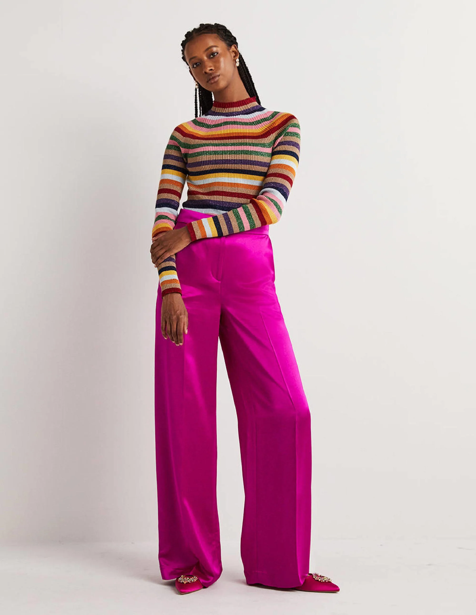 Satinhose mit weitem Bein-Fuchsie, Satin