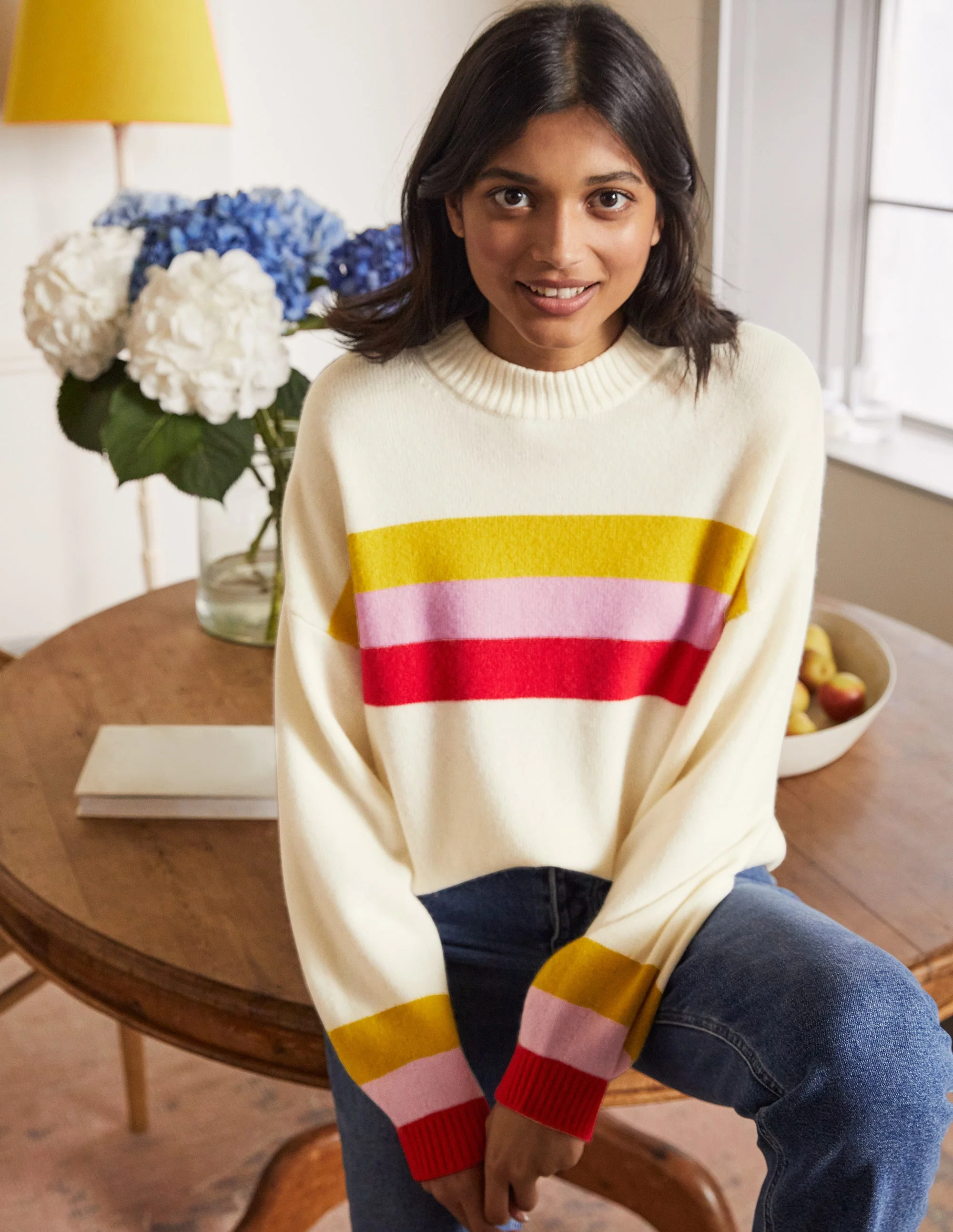 Savannah Kaschmirpullover-Rubinrot/Zitronengelb, Gestreift