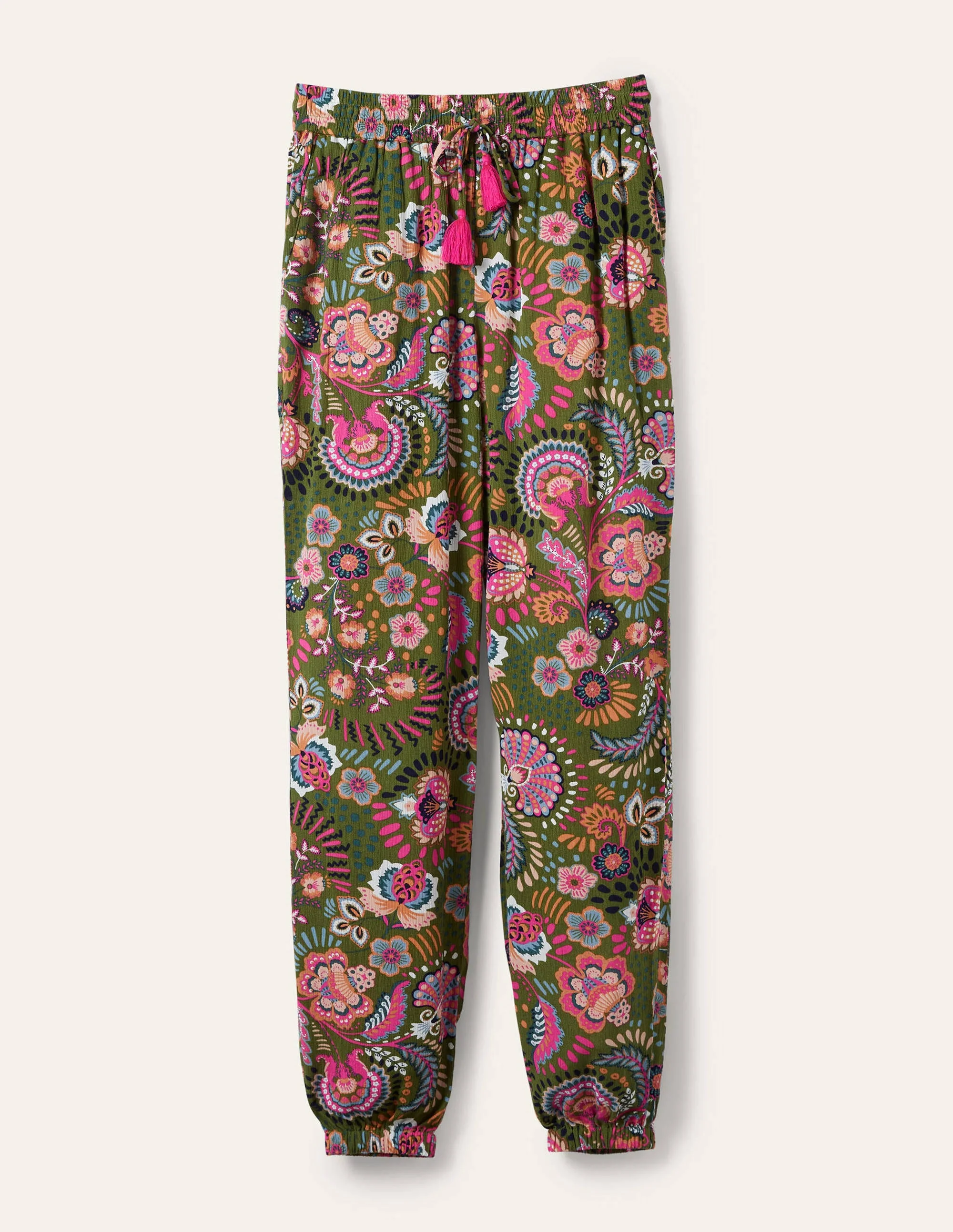 Schmal zulaufende Crinkle-Hose-Erbsengrün, Dekoratives Wiesenmuster - Image 5