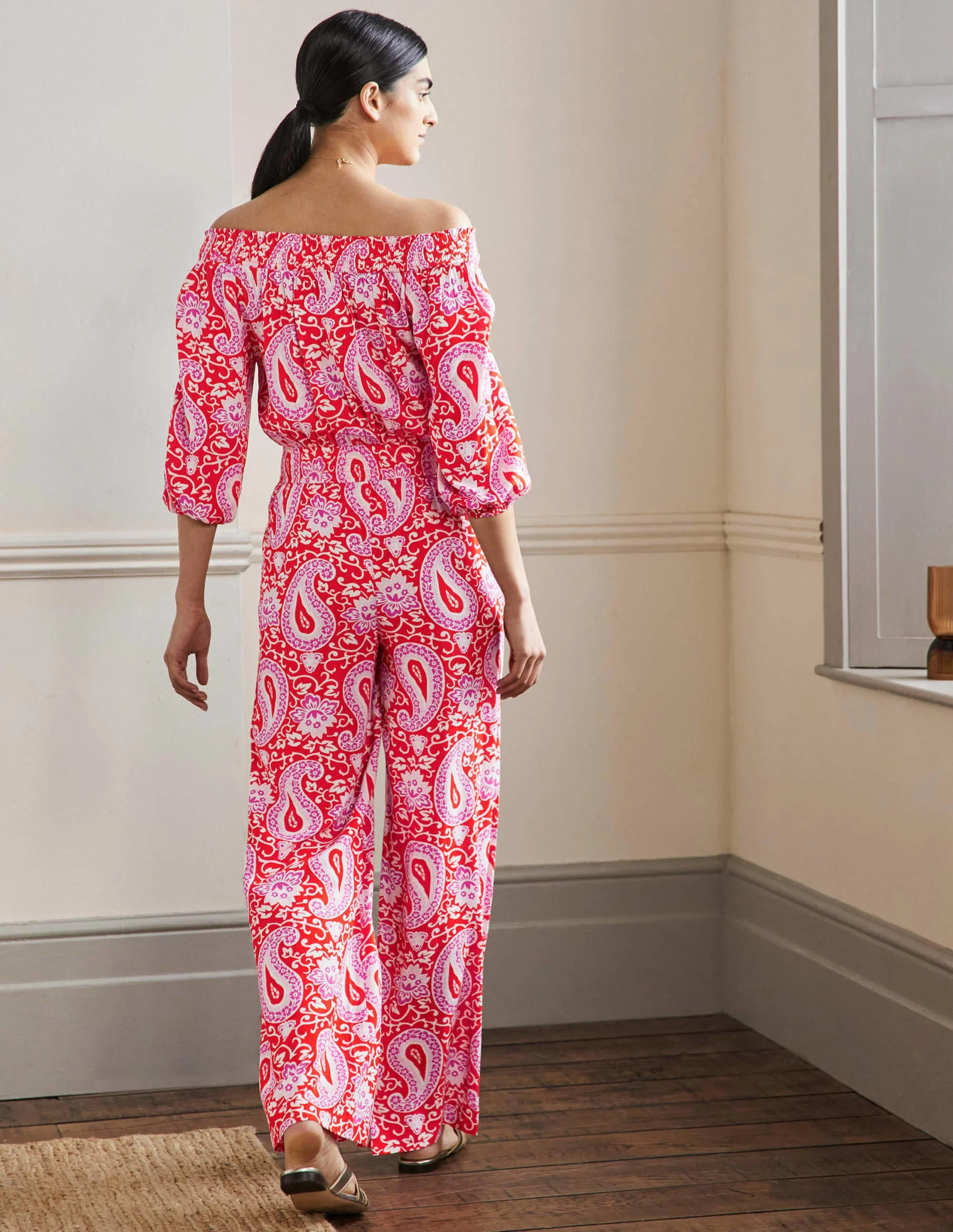 Schulterfreier Jumpsuit-Papayaorange, Bezauberndes Paisleymuster - Image 3