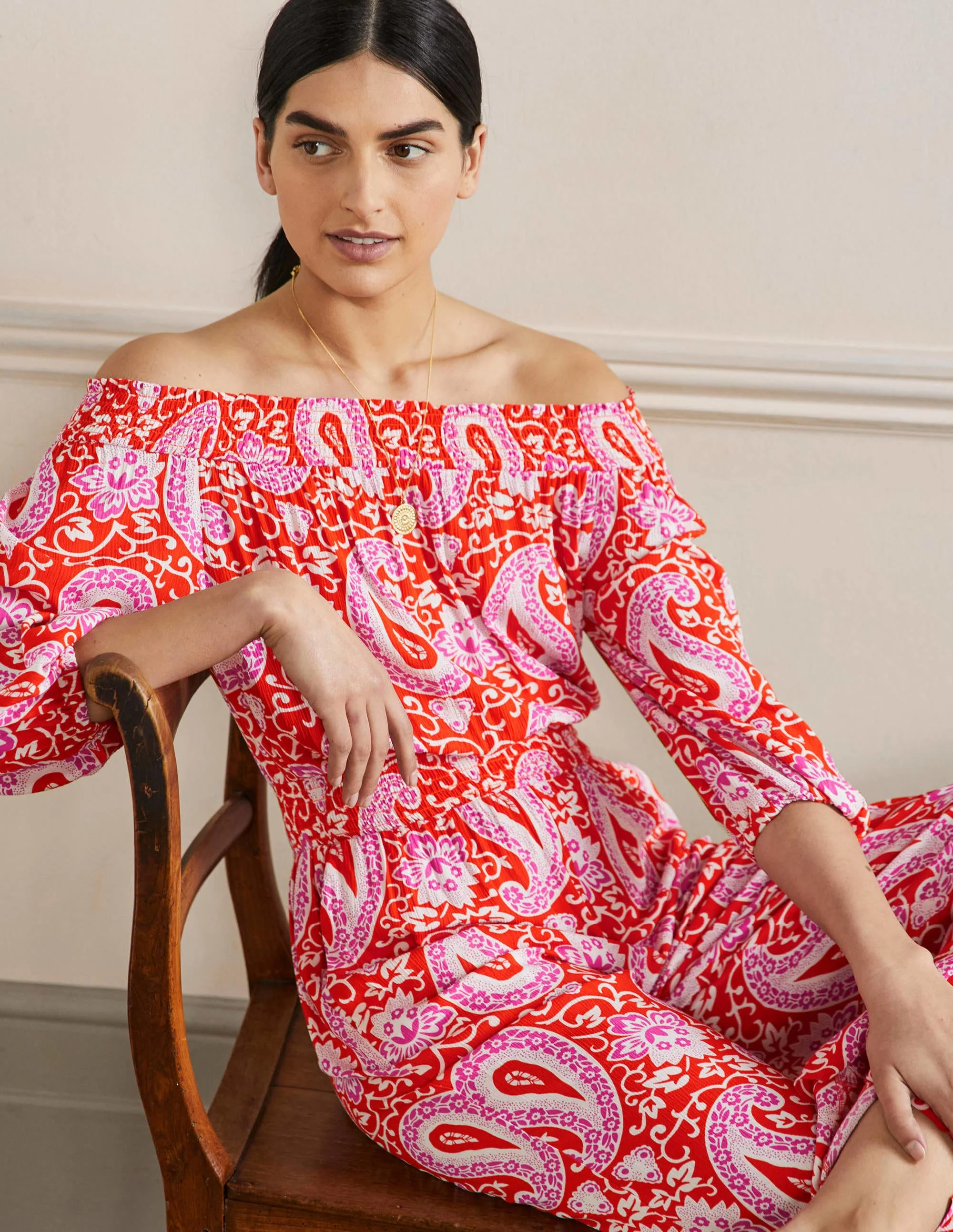 Schulterfreier Jumpsuit-Papayaorange, Bezauberndes Paisleymuster - Image 4