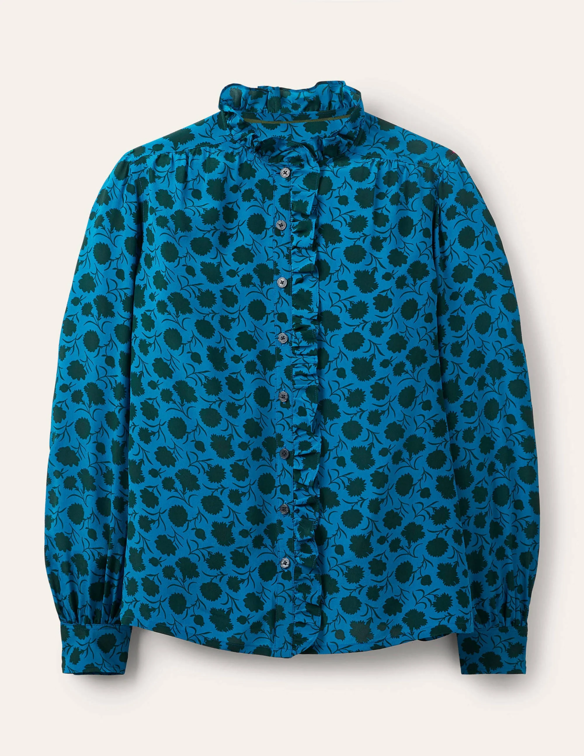 Seidenbluse mit hohem Kragen und Rüschen-Winterliches Azurblau, Knospen mit Blättern - Image 6