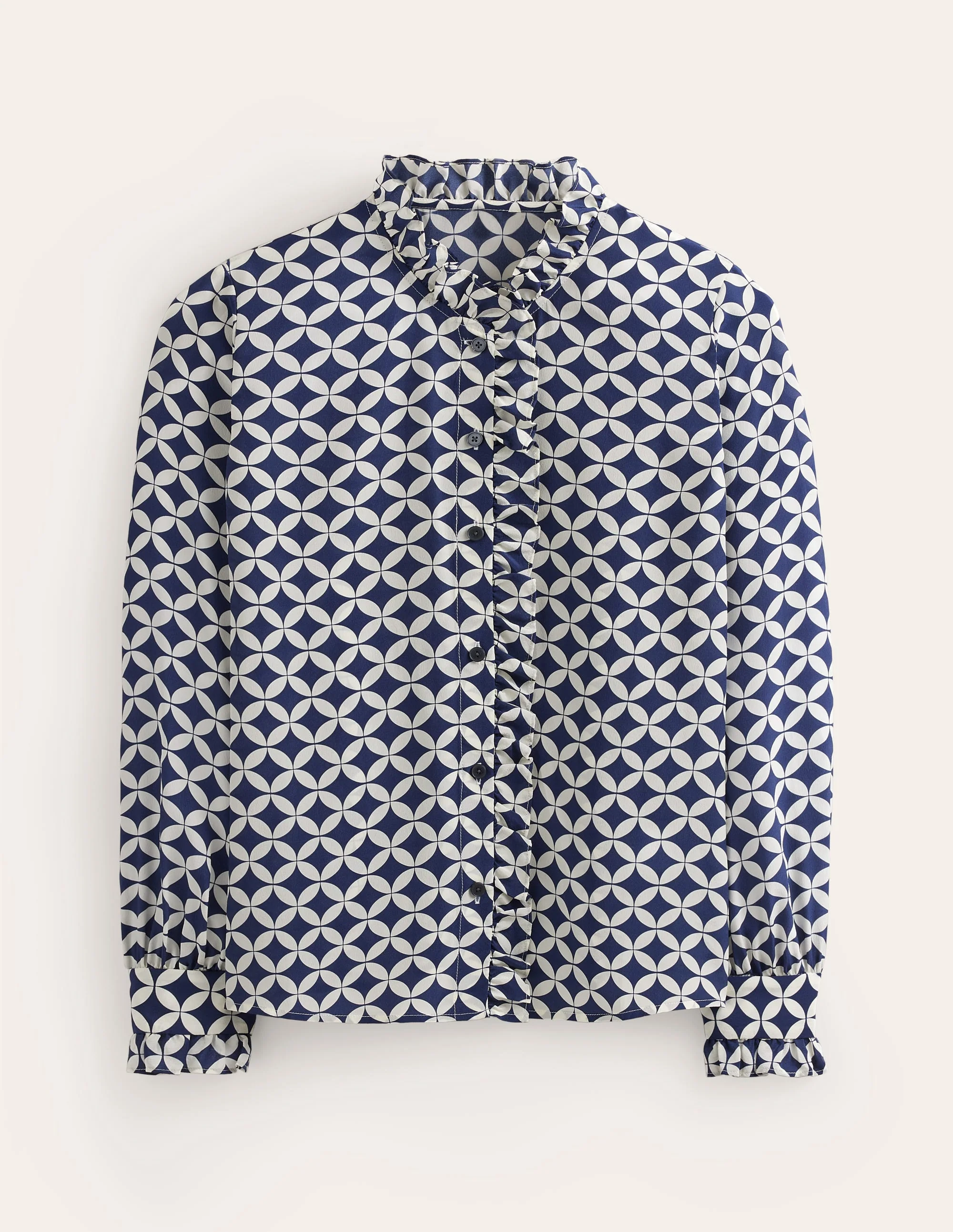 Seidenbluse mit Rüschenkragen-Marineblau, Abgestufte Diamanten - Image 8