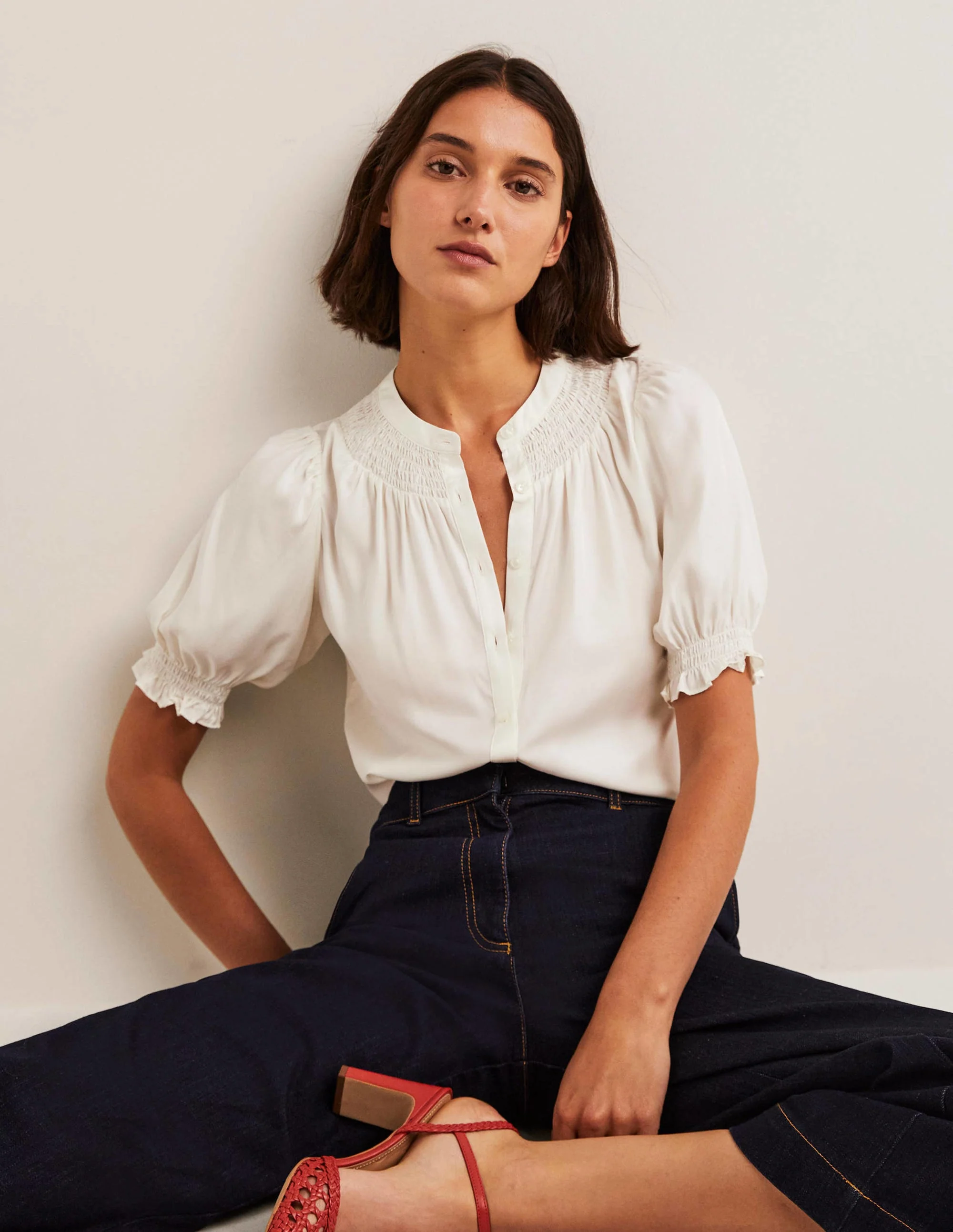 Seidenbluse mit Smokdetails-Naturweiß - Image 4