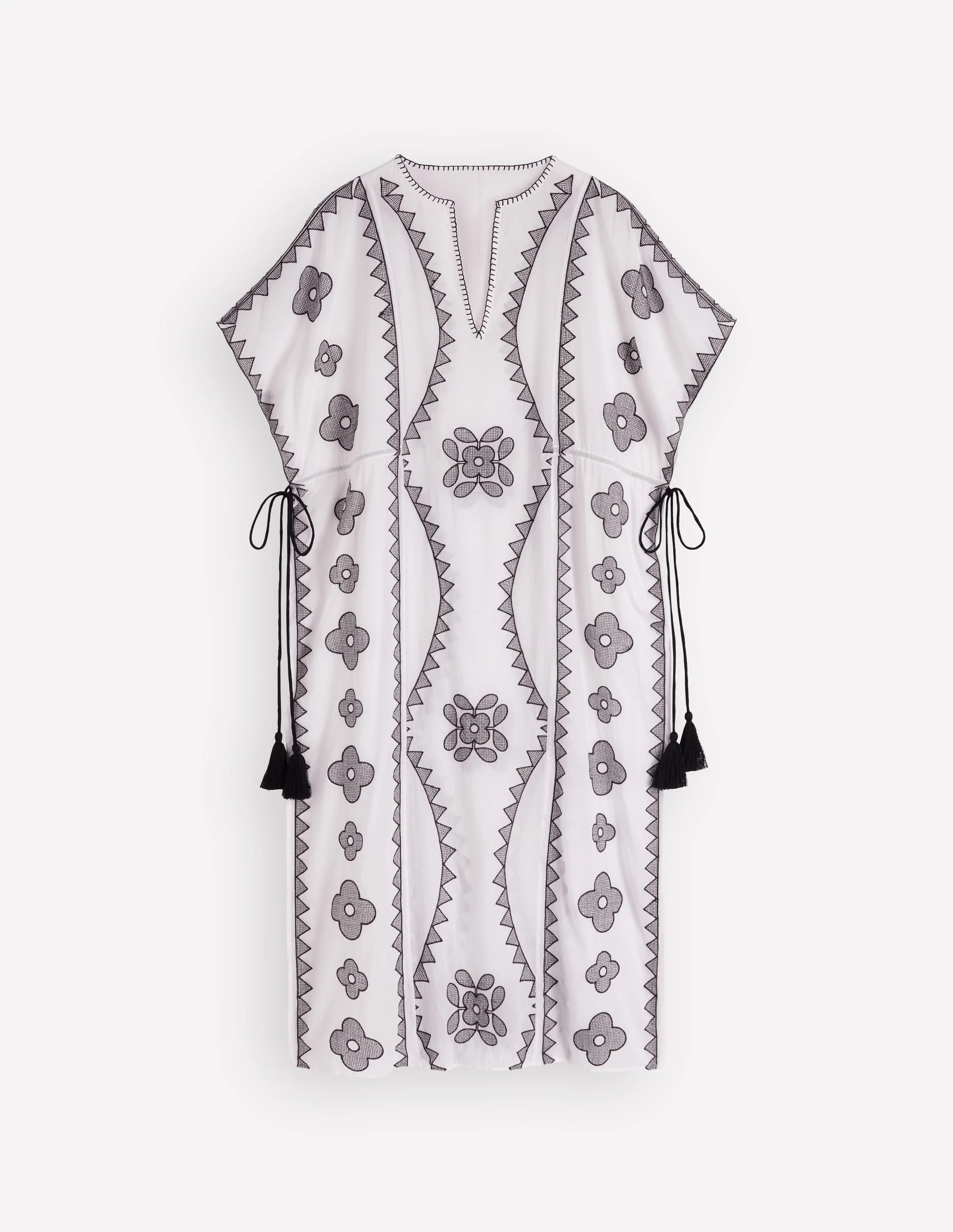 Seitlich gebundenes Kaftankleid-Weiß Schwarz Stickerei - Image 6