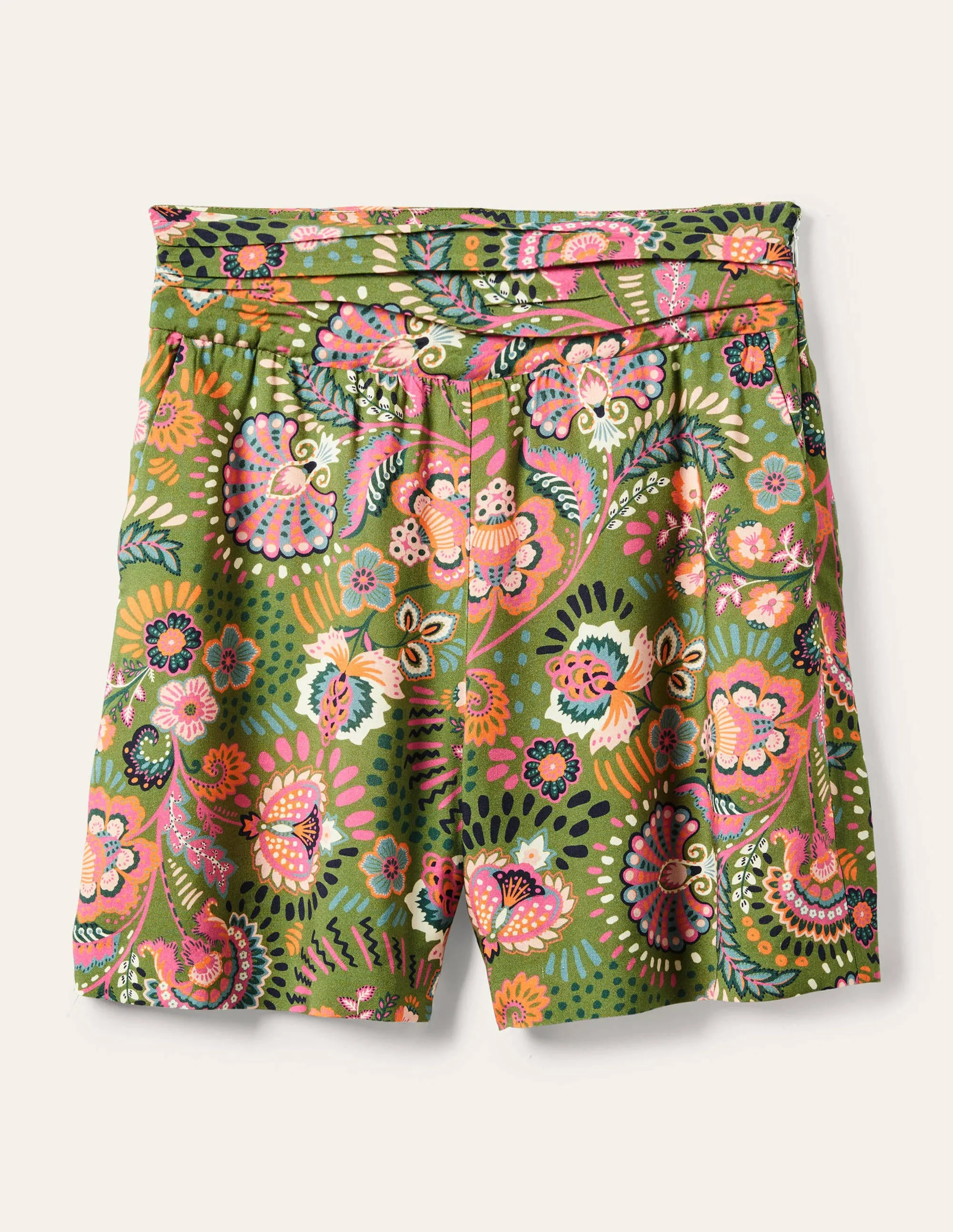 Shorts mit gerafftem Taillenbund-Erbsengrün, Dekoratives Wiesenmuster - Image 5