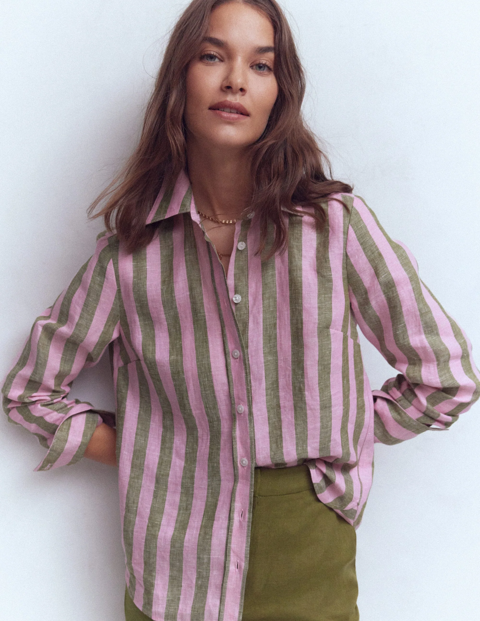 Sienna Leinenhemd-Grün und Rosa gestreift - Image 3