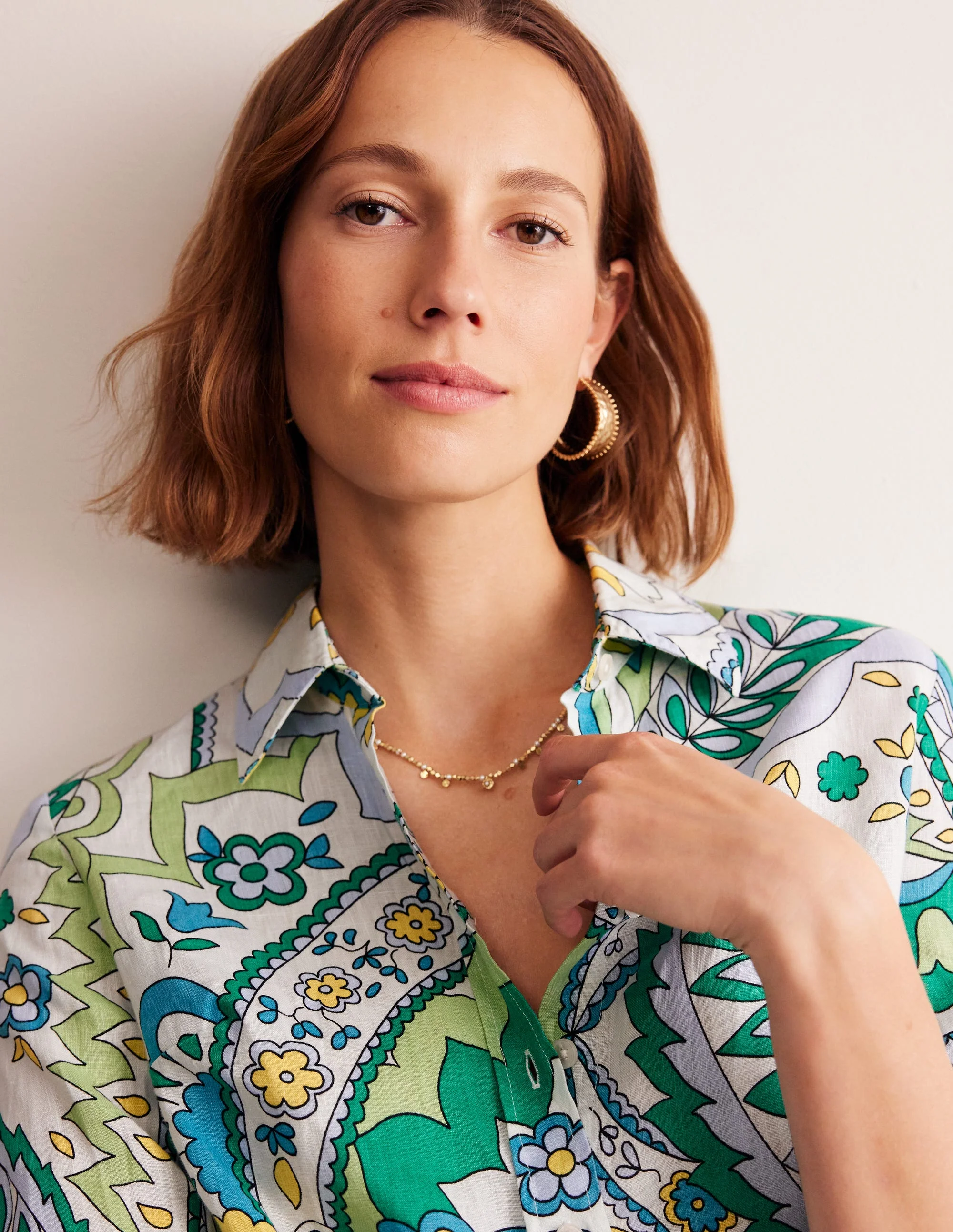 Sienna Leinenhemd-Smaragd, Blätter-Paisley - Image 2