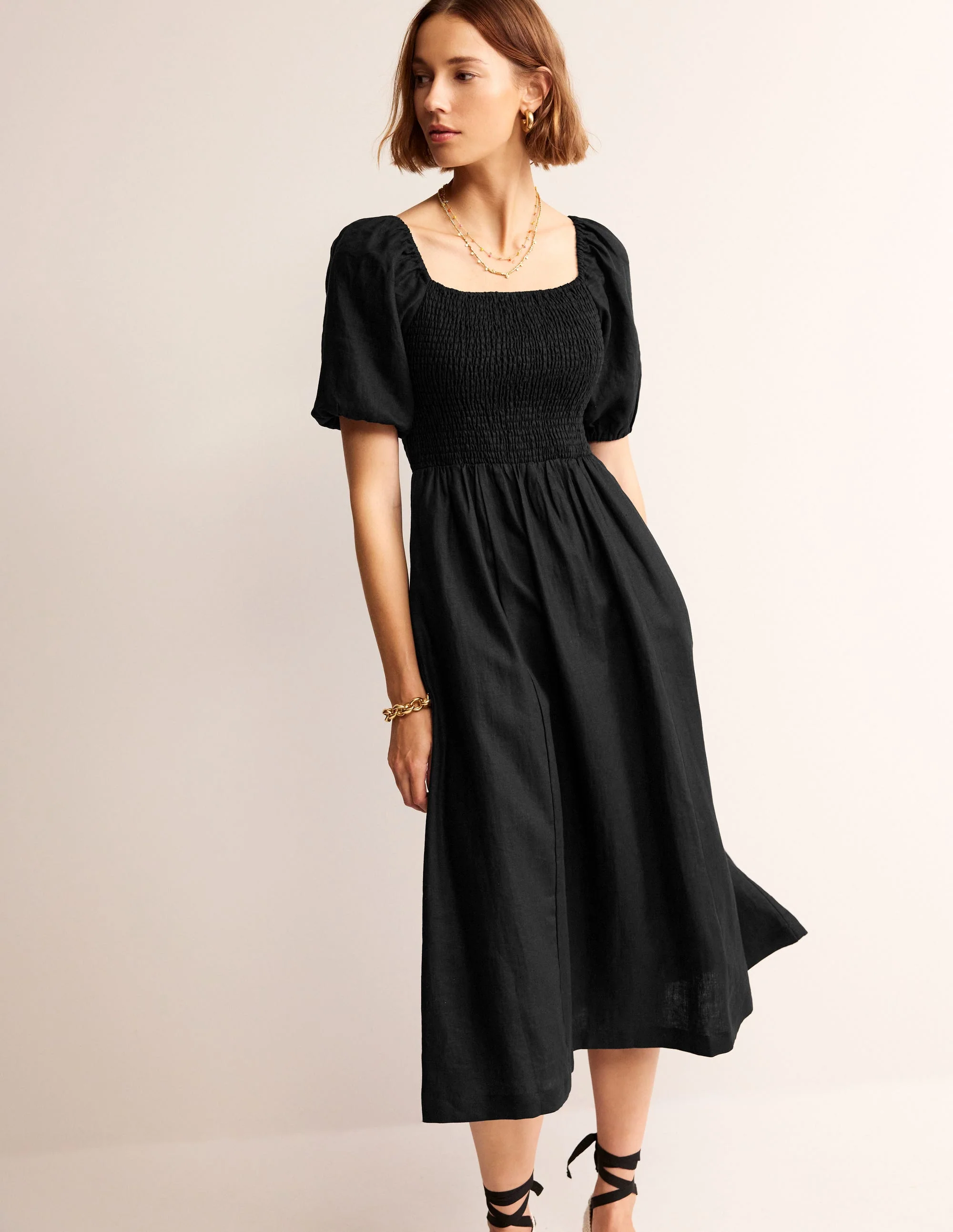 Sky Gesmoktes Midikleid aus Leinen-Schwarz - Image 2