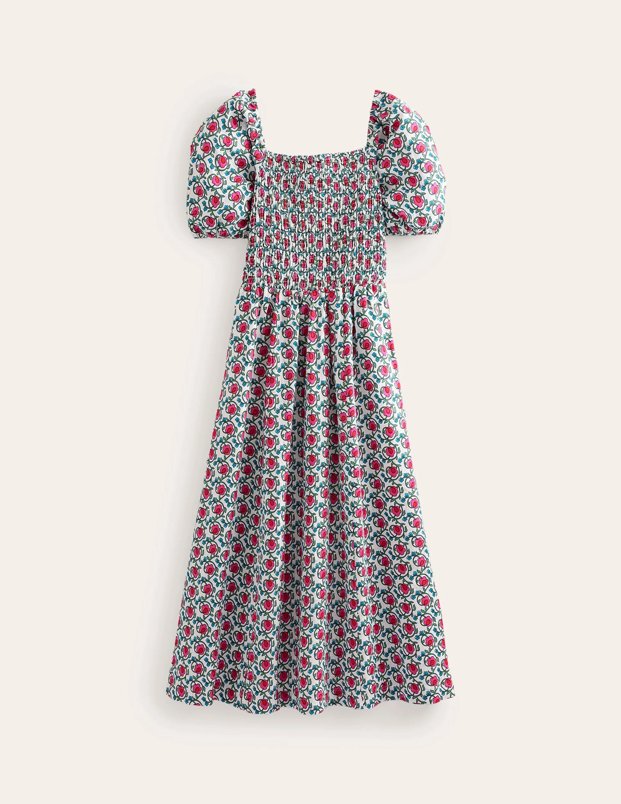 Sky Gesmoktes Midikleid aus Leinen-Stiefmütterchen, Blätter Terrace - Image 6