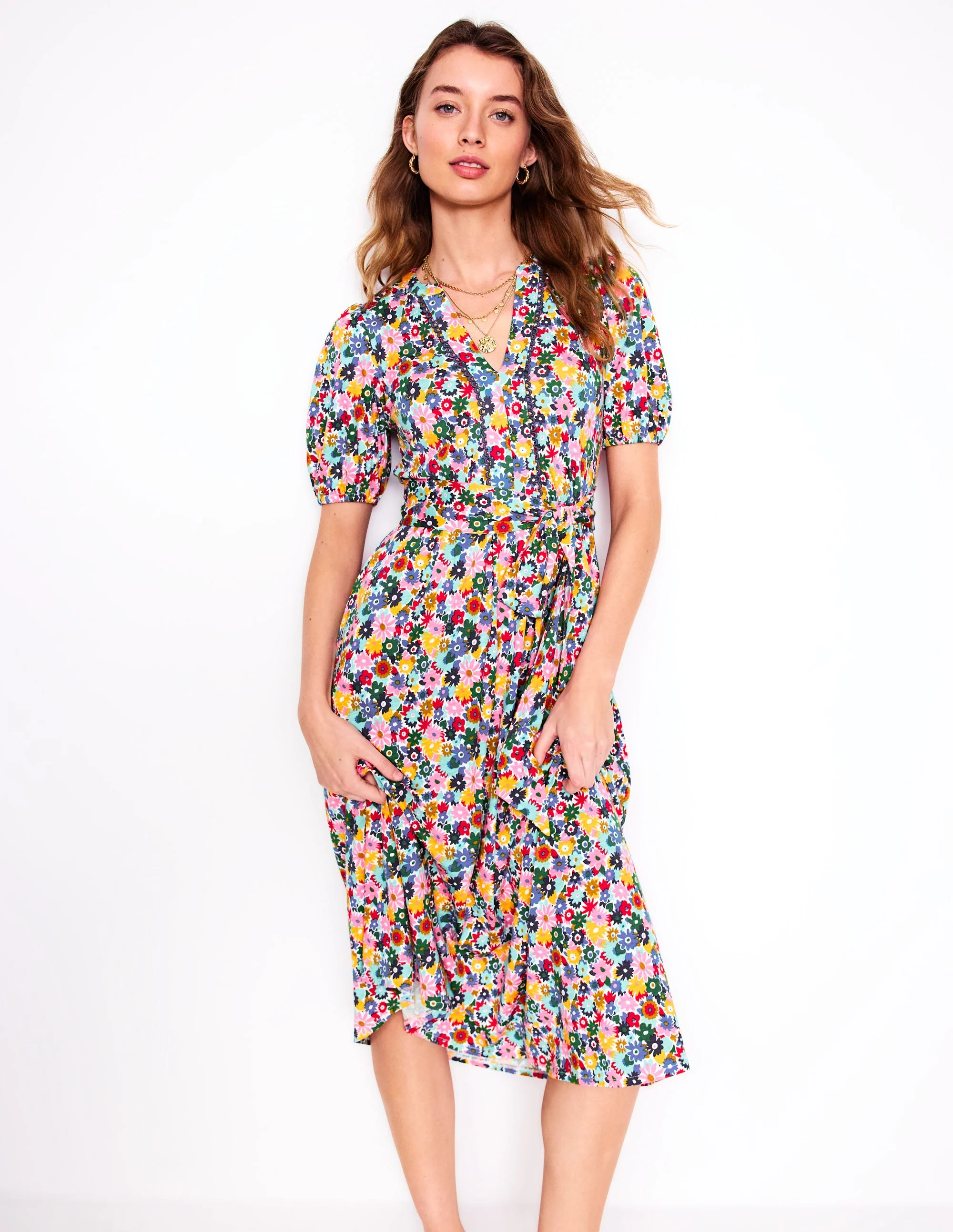 Sofia Jersey-Midikleid mit Besatz-Bunt, Malkasten Blümchen