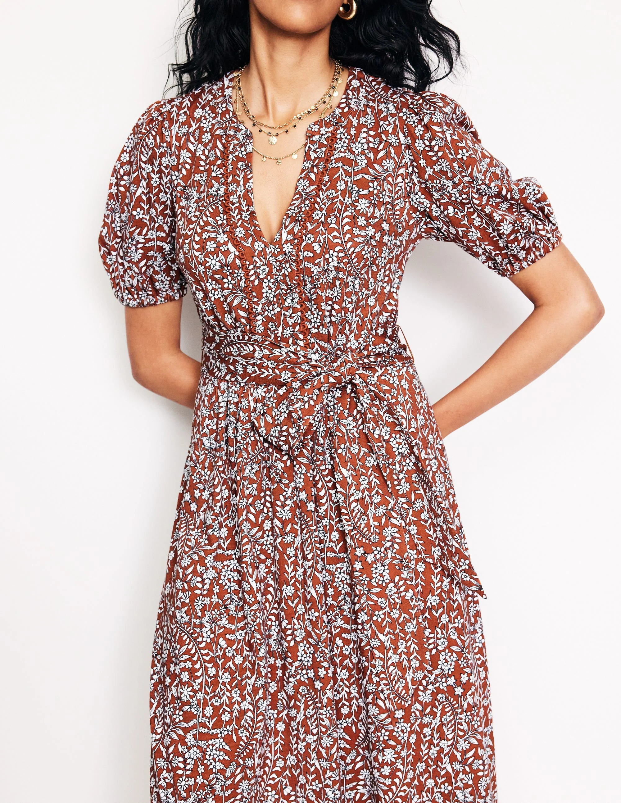 Sofia Jersey-Midikleid mit Besatz-Herbstbraun, Laubknospe - Image 2