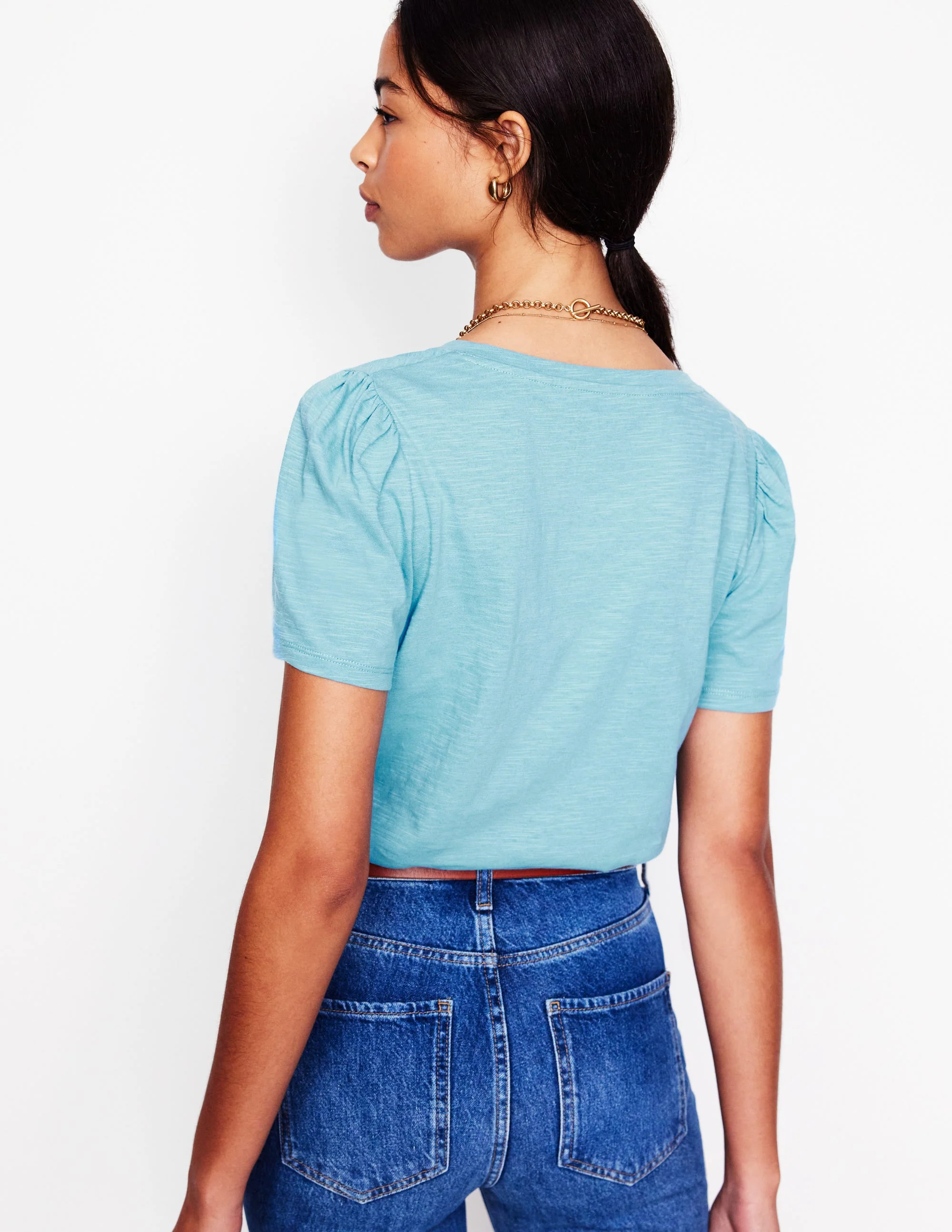 Sophie Flammgarn-T-Shirt mit V-Ausschnitt-Denimblau, Wildblumenstrauß - Image 3
