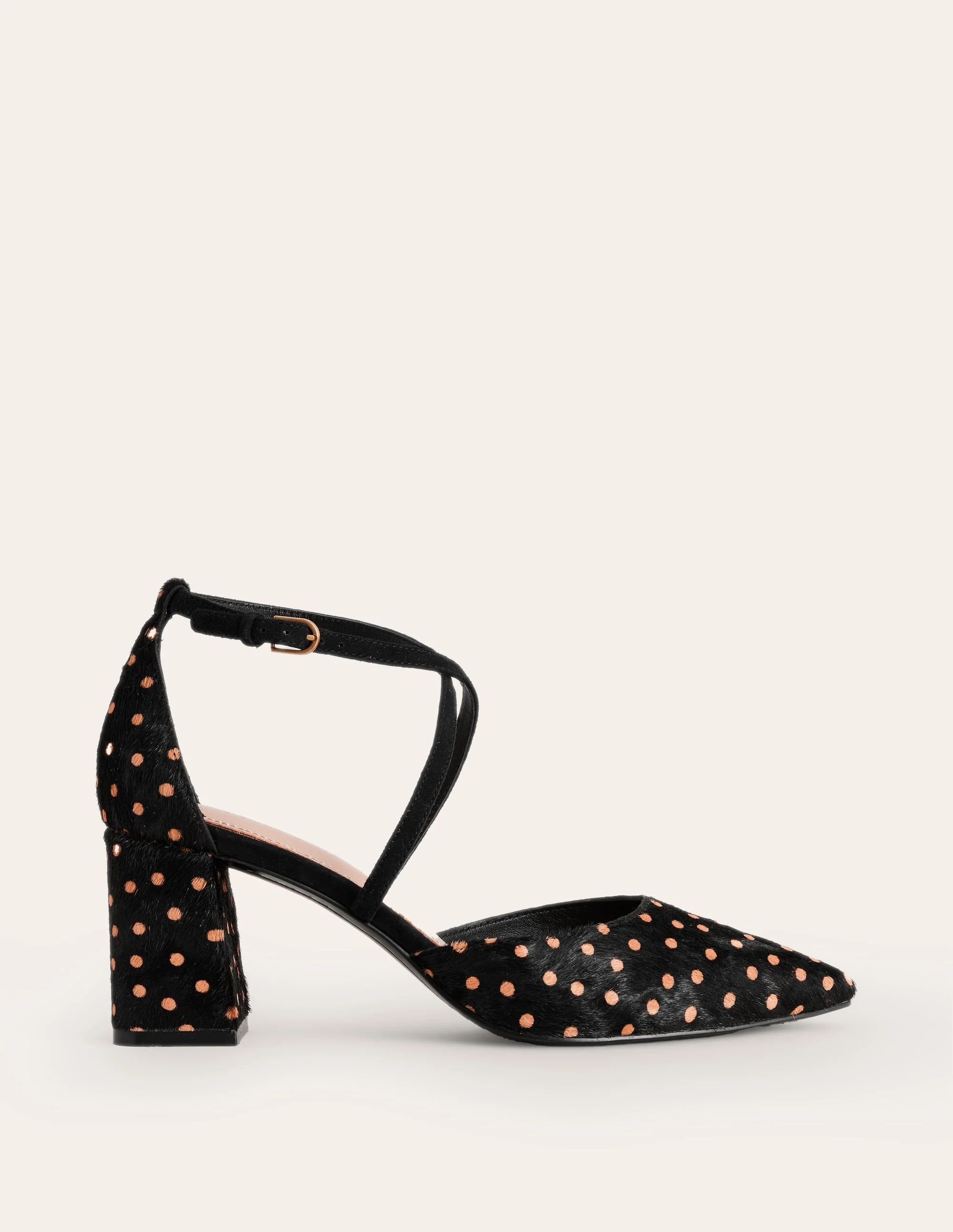 Spitze Pumps mit Riemchen und Blockabsatz-Punkte Schwarz und Camel - Image 2