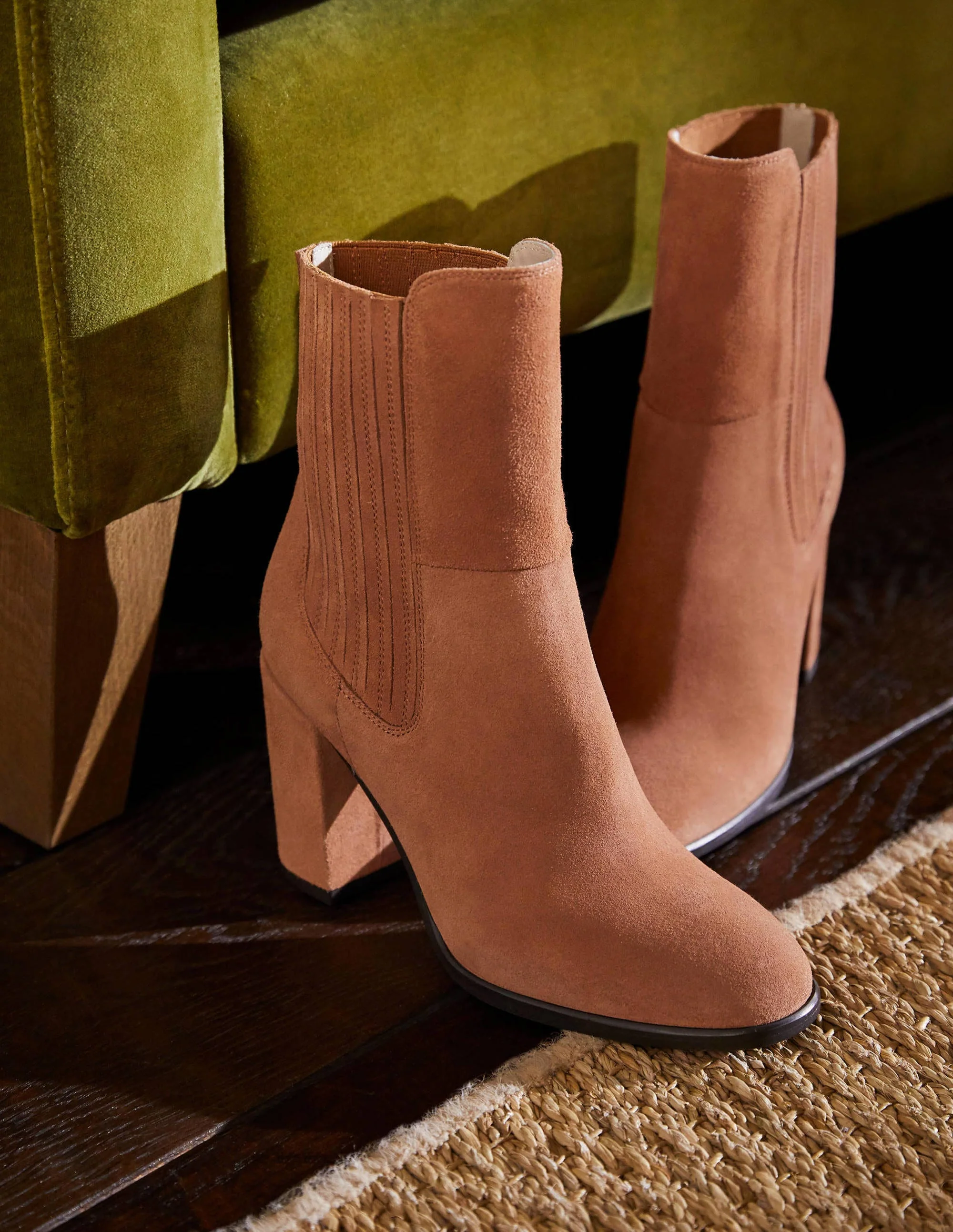 Stiefeletten mit Blockabsatz-Hellbraun, Veloursleder