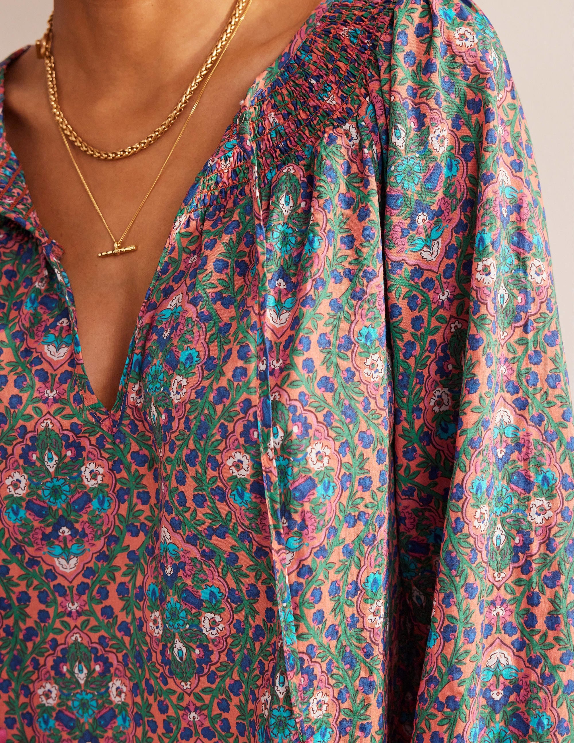 Strand-Kaftan mit Smok-Ausschnitt-Bunt, Weinranken - Image 2