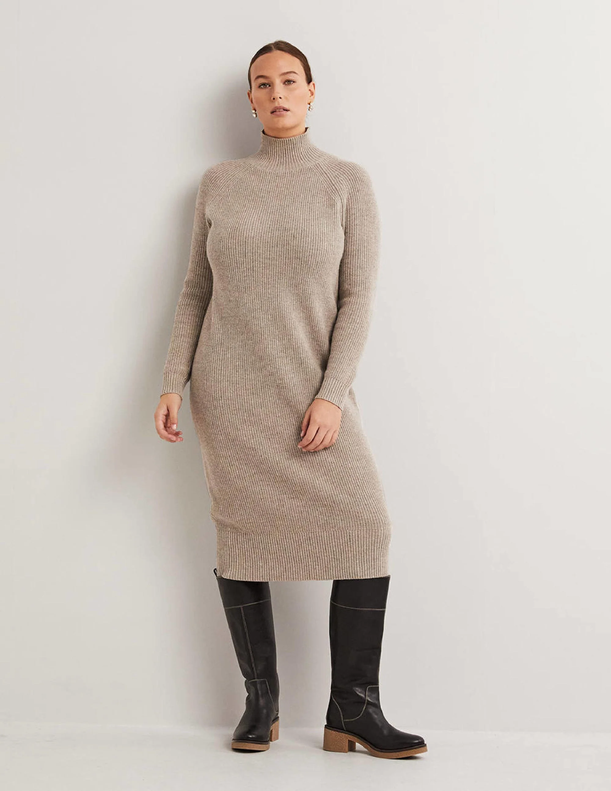 Strick-Midikleid mit hohem Kragen-Nerzbraun Melange