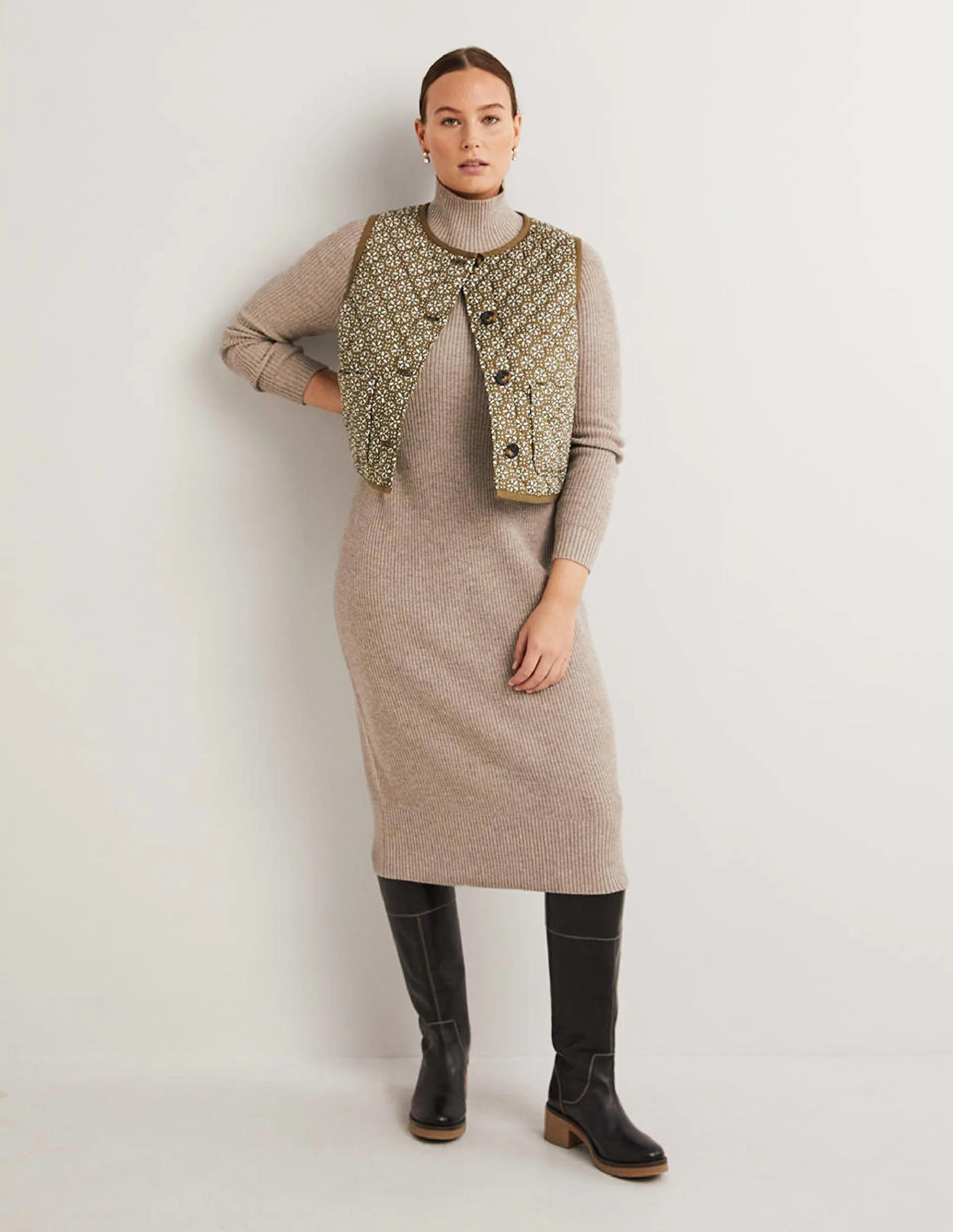 Strick-Midikleid mit hohem Kragen-Nerzbraun Melange - Image 4