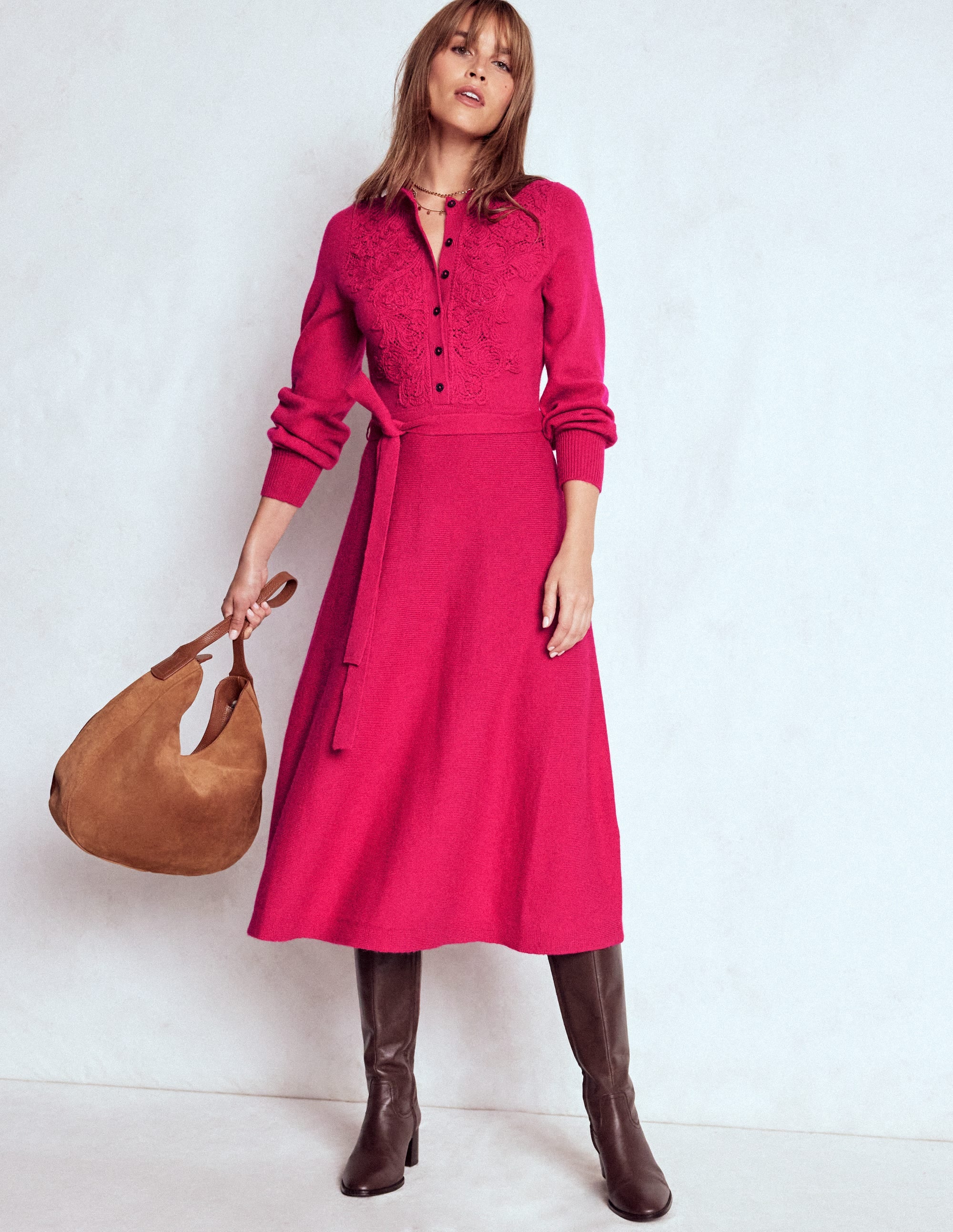 Strick-Midikleid mit Spitzeneinsatz-Kräftiges Rosa - Image 4