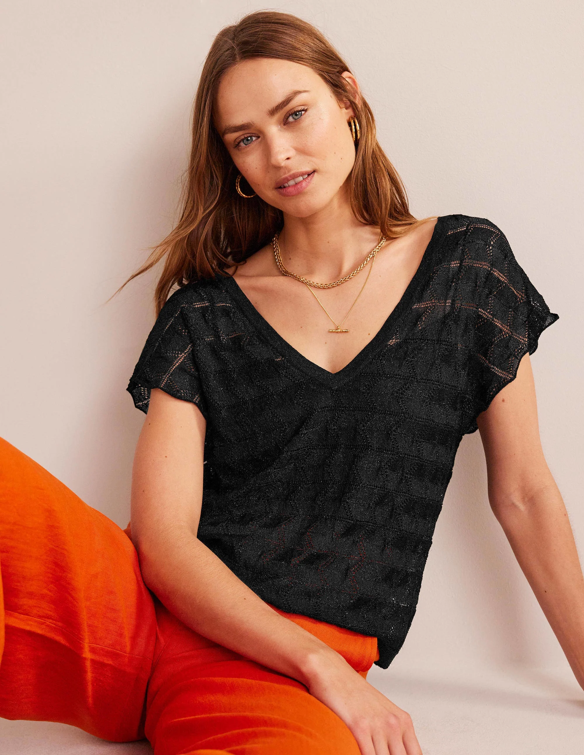 Strick-Strand-Top mit V-Ausschnitt-Metallic Schwarz
