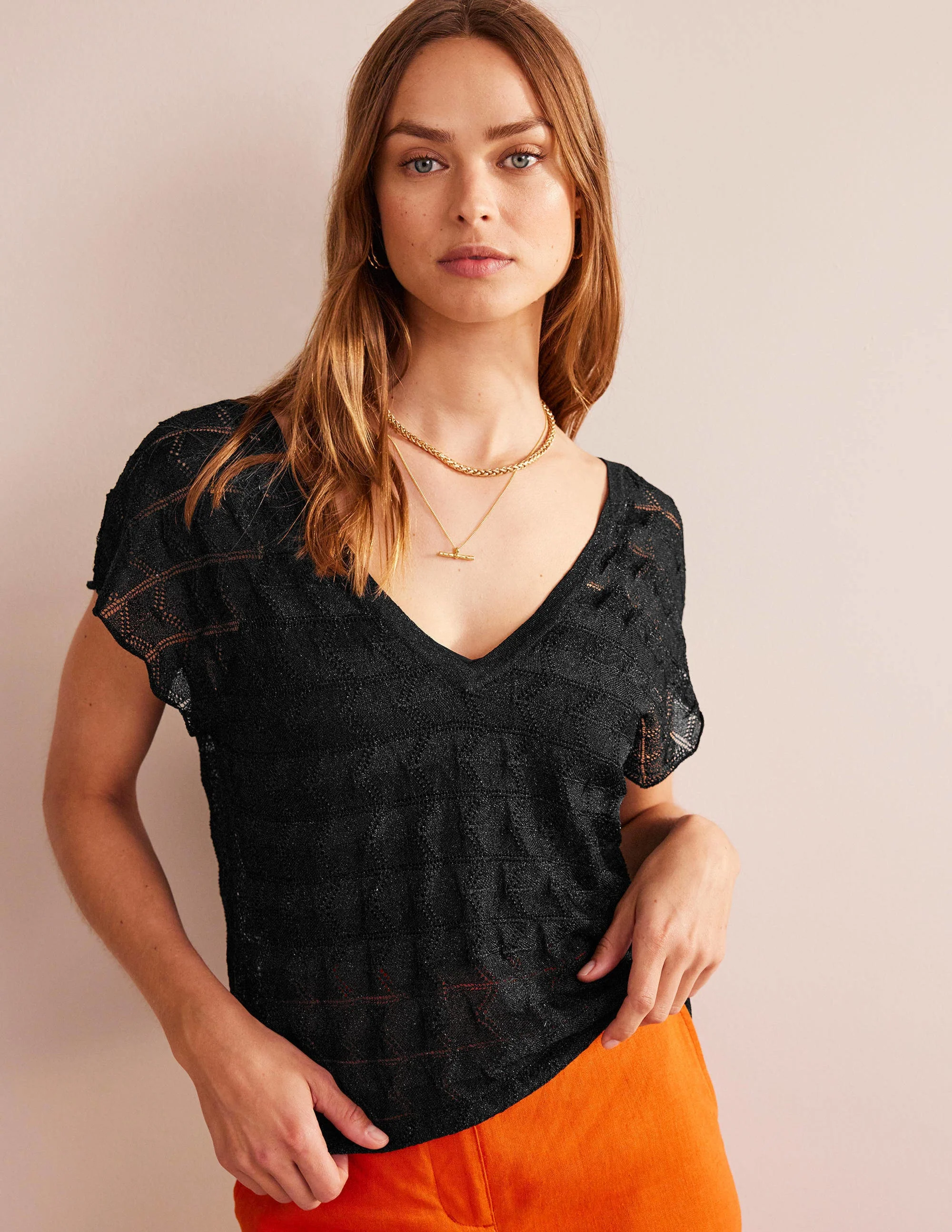 Strick-Strand-Top mit V-Ausschnitt-Metallic Schwarz - Image 4