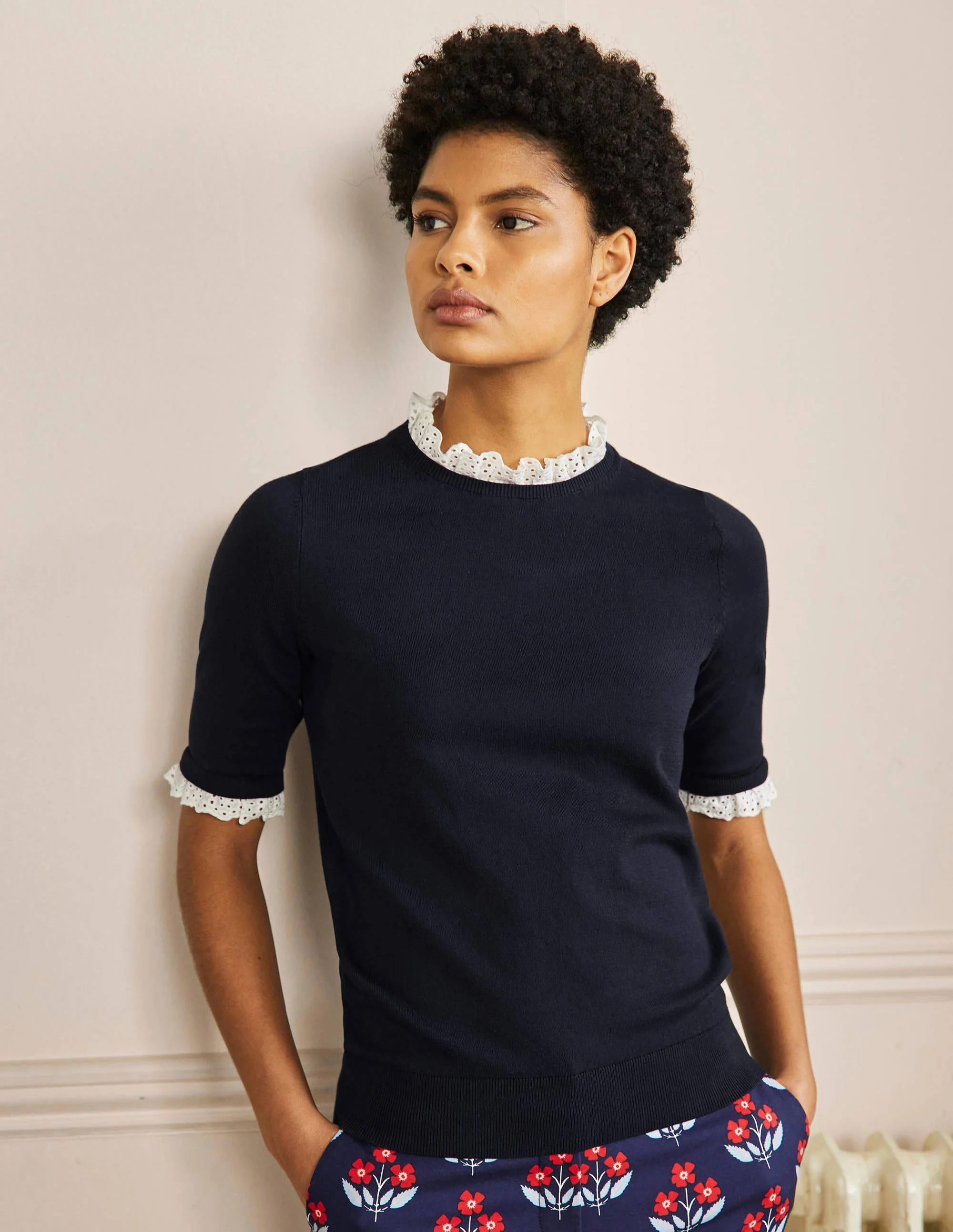 Strick-T-Shirt aus einer Webmischung-Marineblau