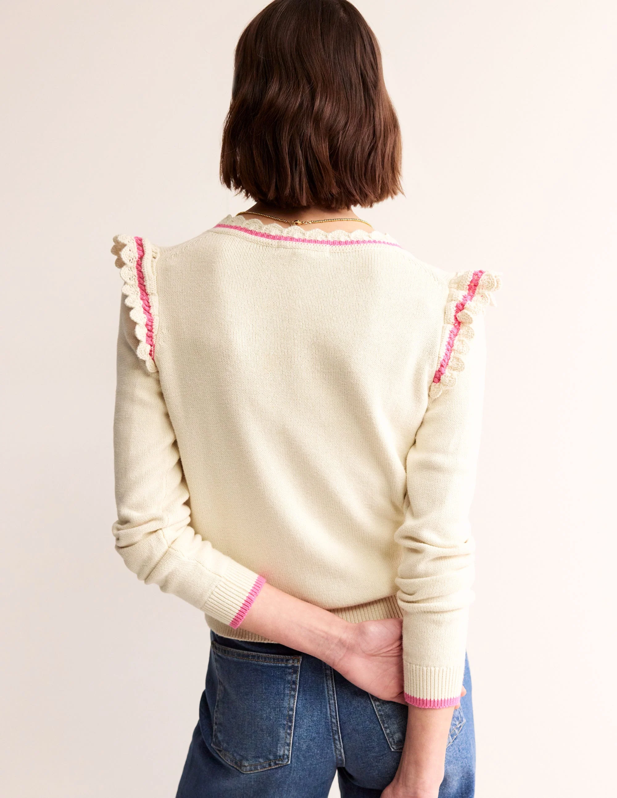 Strickjacke mit gehäkeltem Rüschendetail-Warmes Naturweiß - Image 3