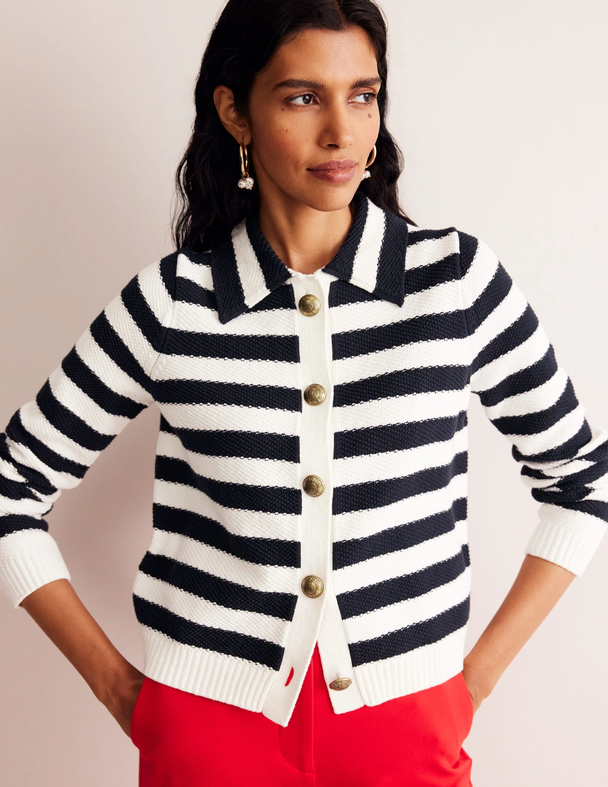 Strickjacke mit Kragen-Französisches Navy/Naturweiß, Gestreift - Image 4