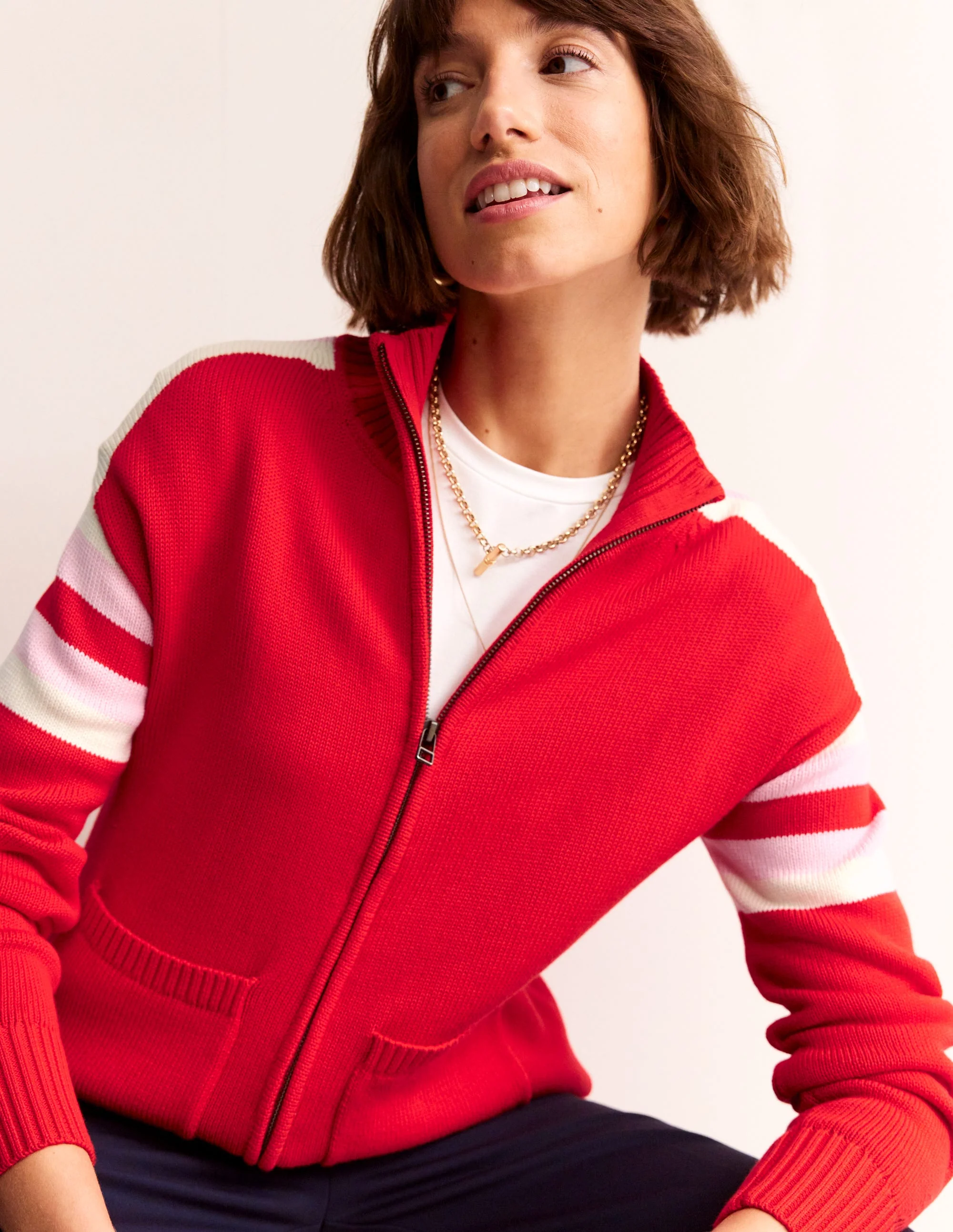 Strickjacke mit Reißverschluss-Flame Scarlet, Naturweiß Streifen - Image 4
