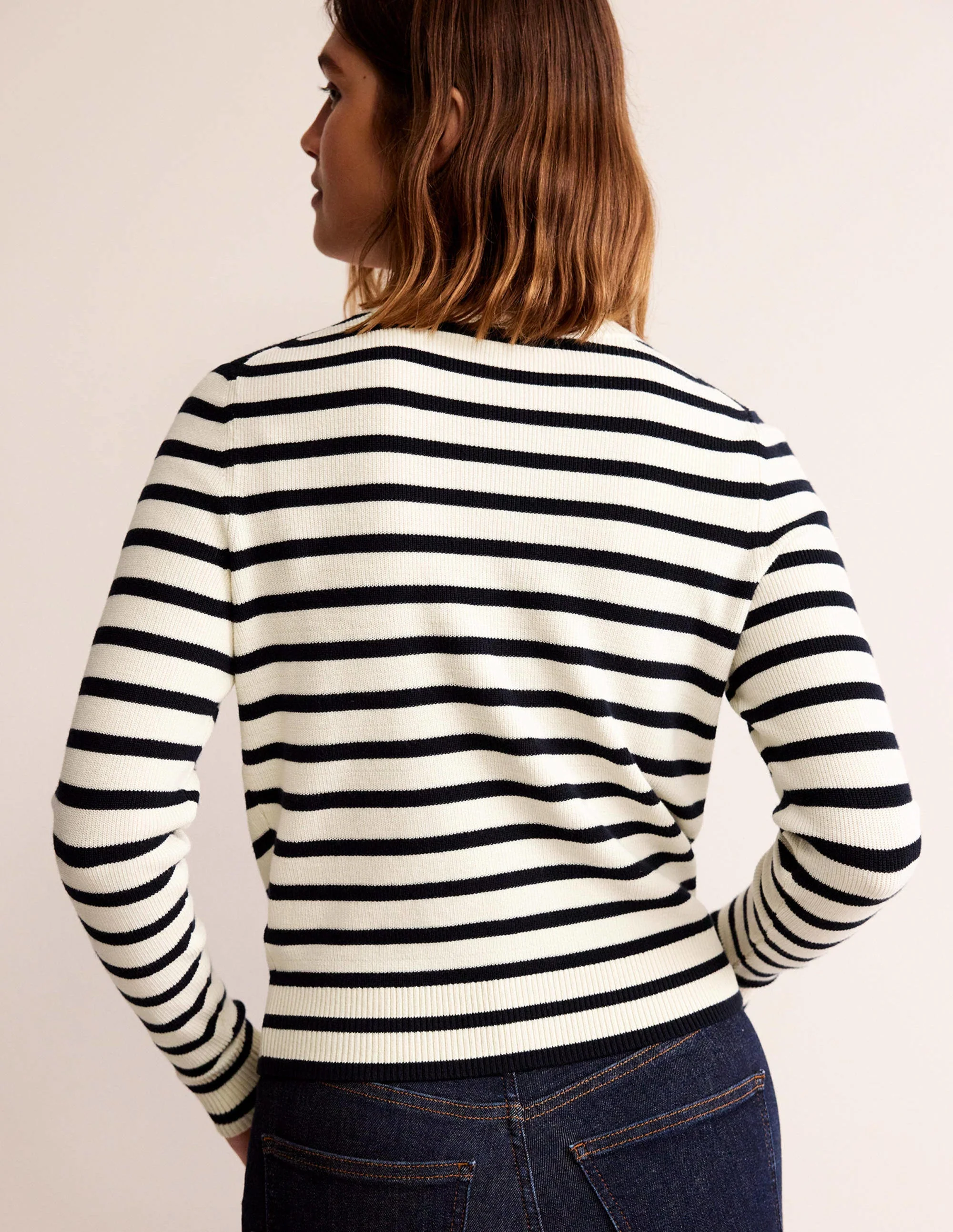 Strickjacke mit Stickerei-Marineblau/Warmes Naurweiß Streifen - Image 3
