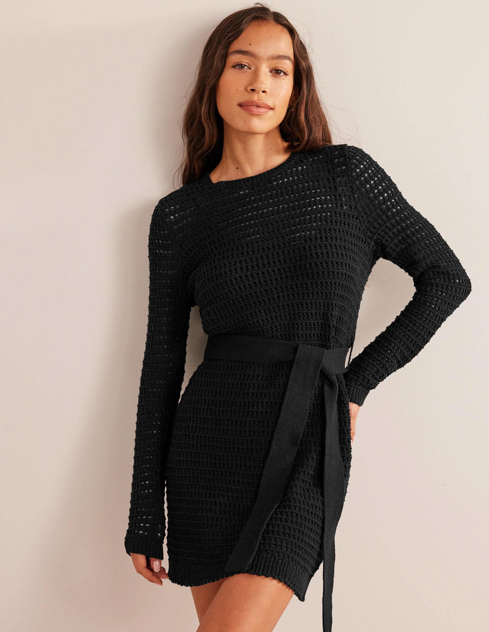Strickkleid mit Häkeldetails-Schwarz - Image 5
