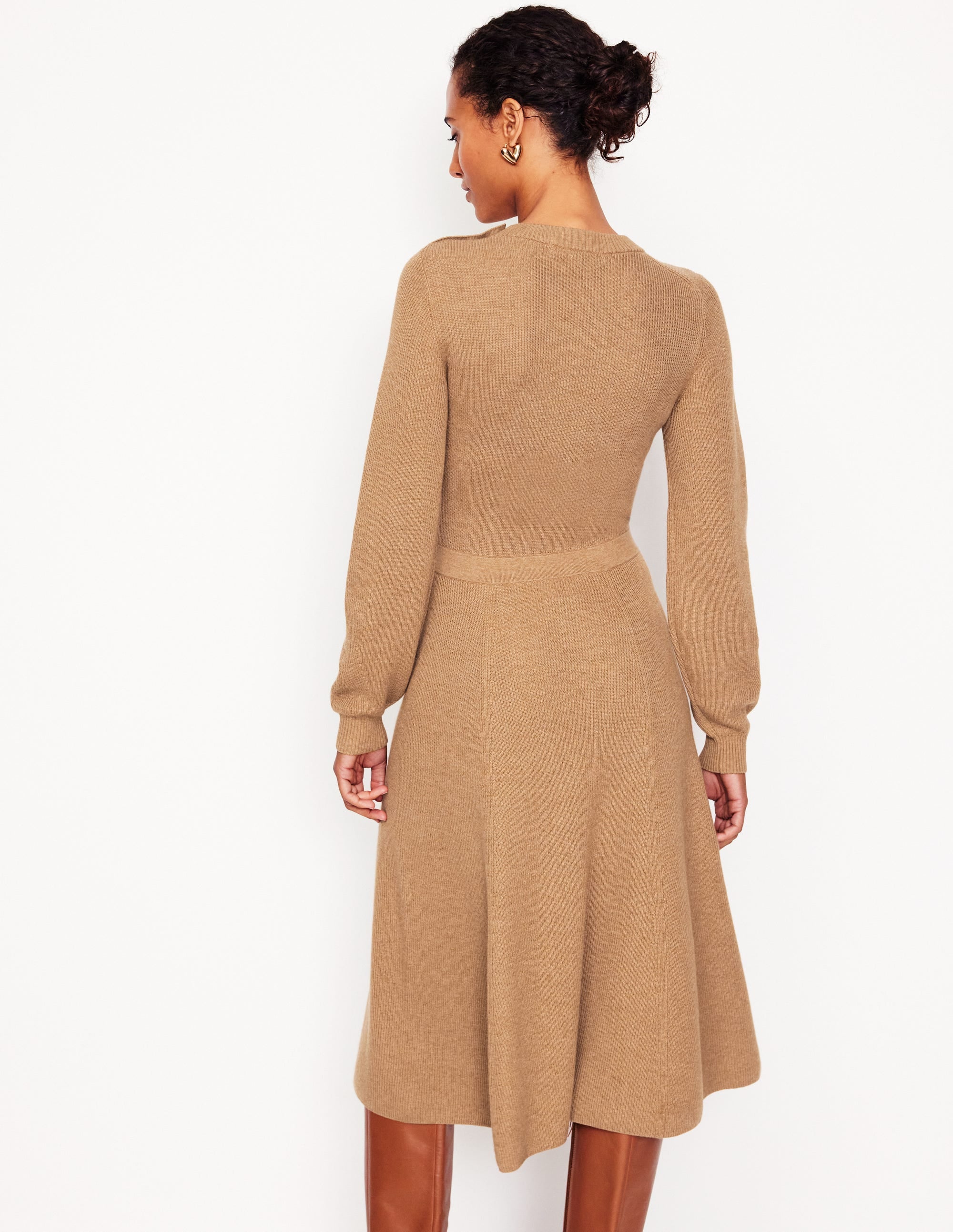 Strickkleid mit Knöpfen an der Schulter-Camel Meliert - Image 3