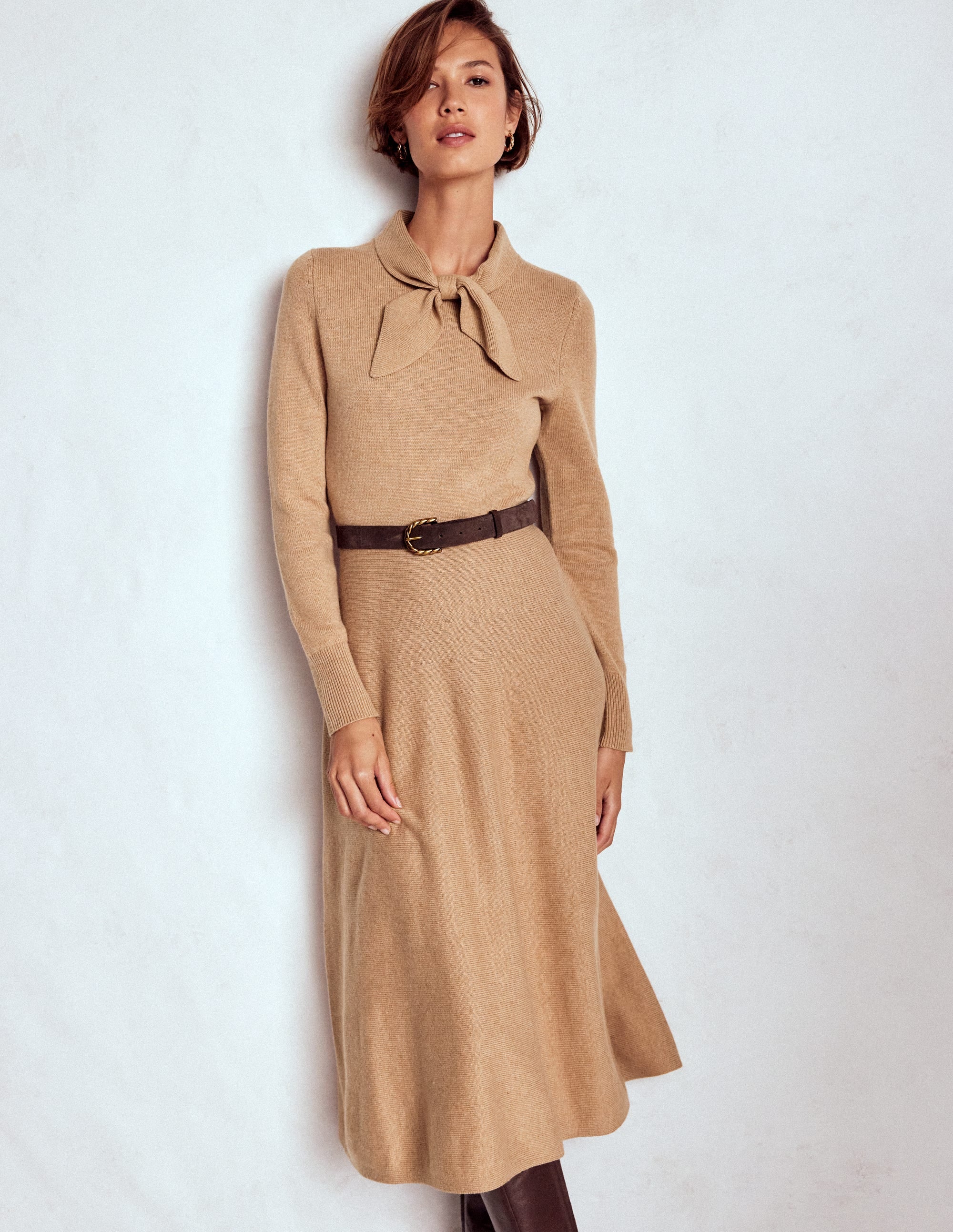 Strickkleid mit Schleife-Camel Meliert - Image 2
