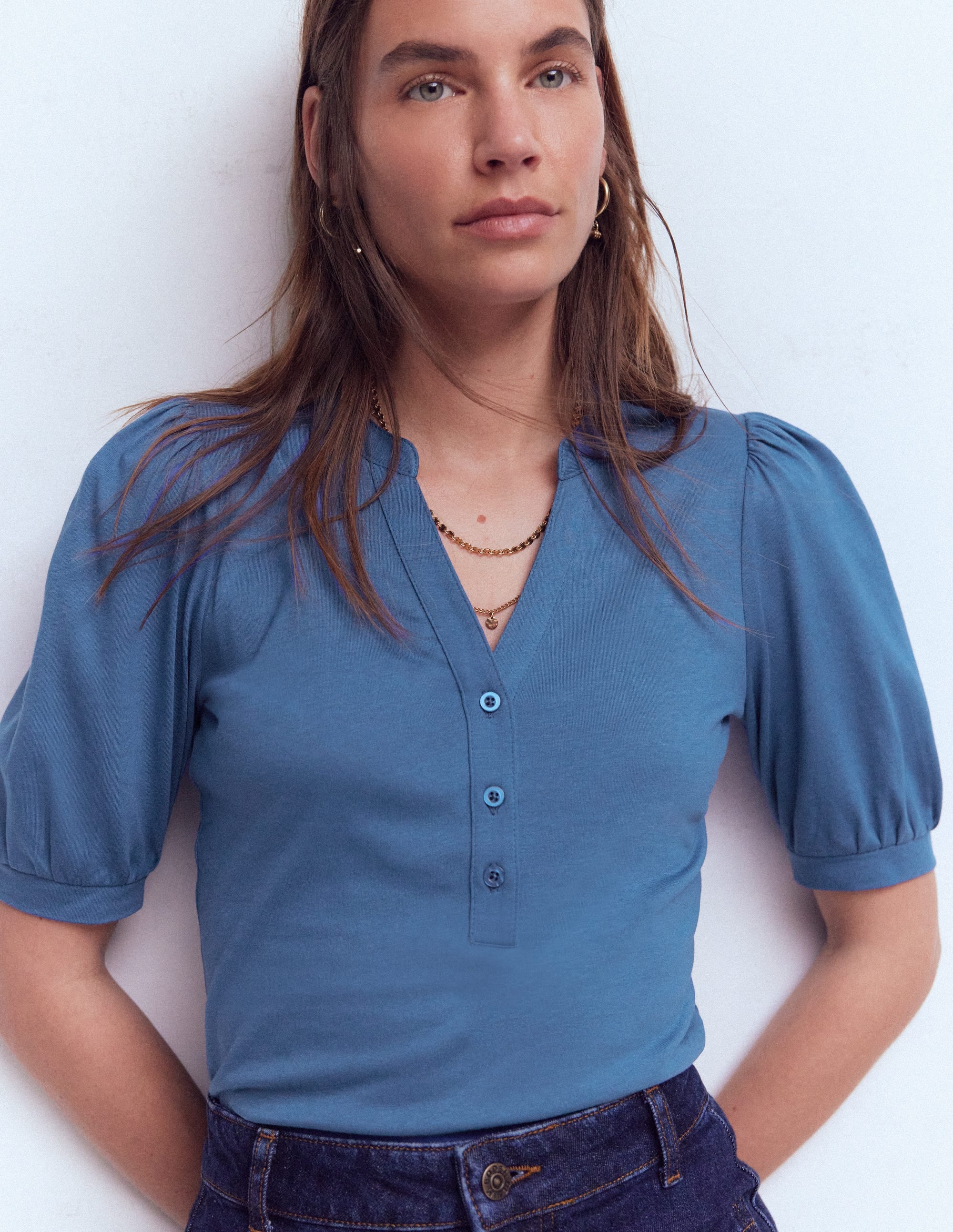 Superweiches, kurzärmliges Henley-Oberteil-Denim-Blau