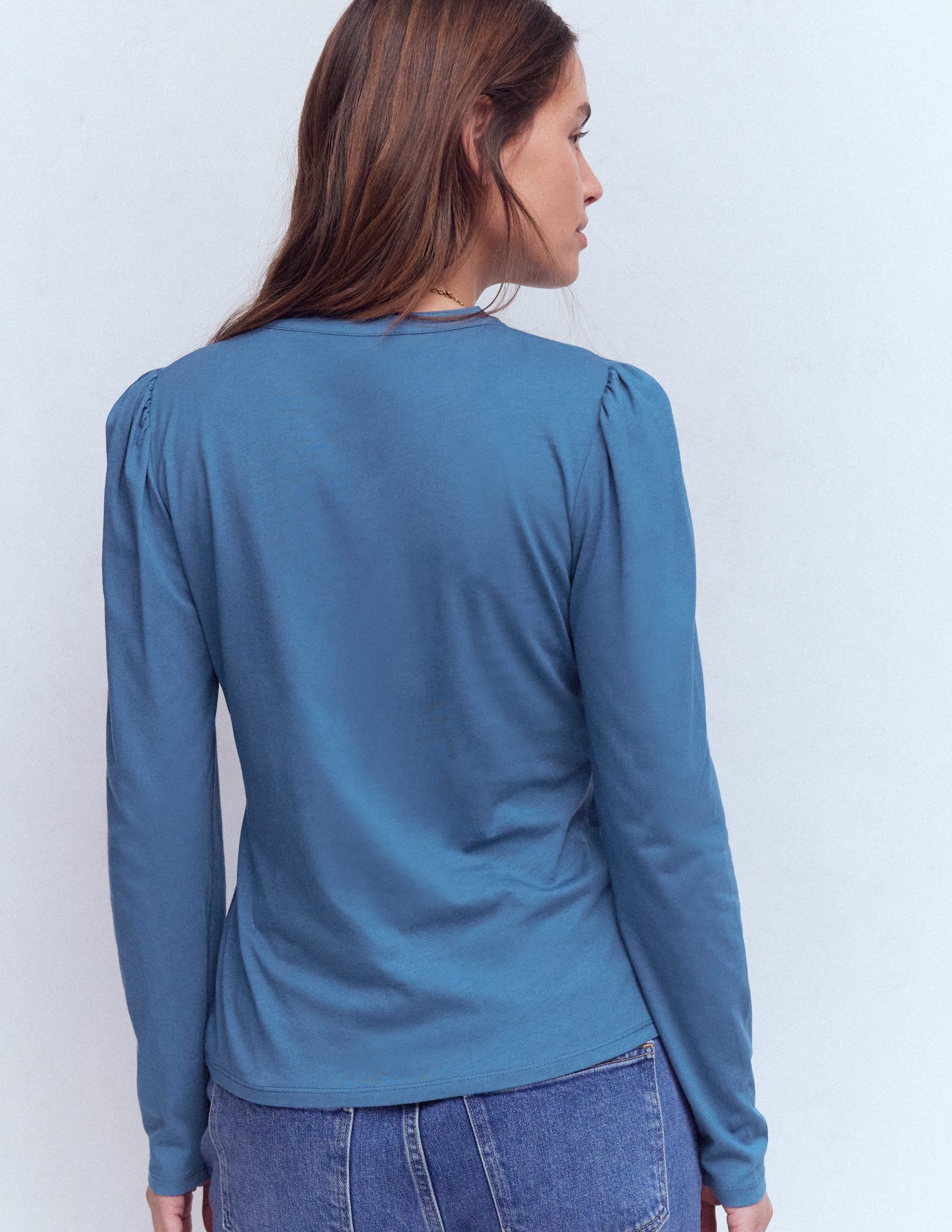 Superweiches Oberteil mit offenem Henley-Kragen-Denim-Blau - Image 3