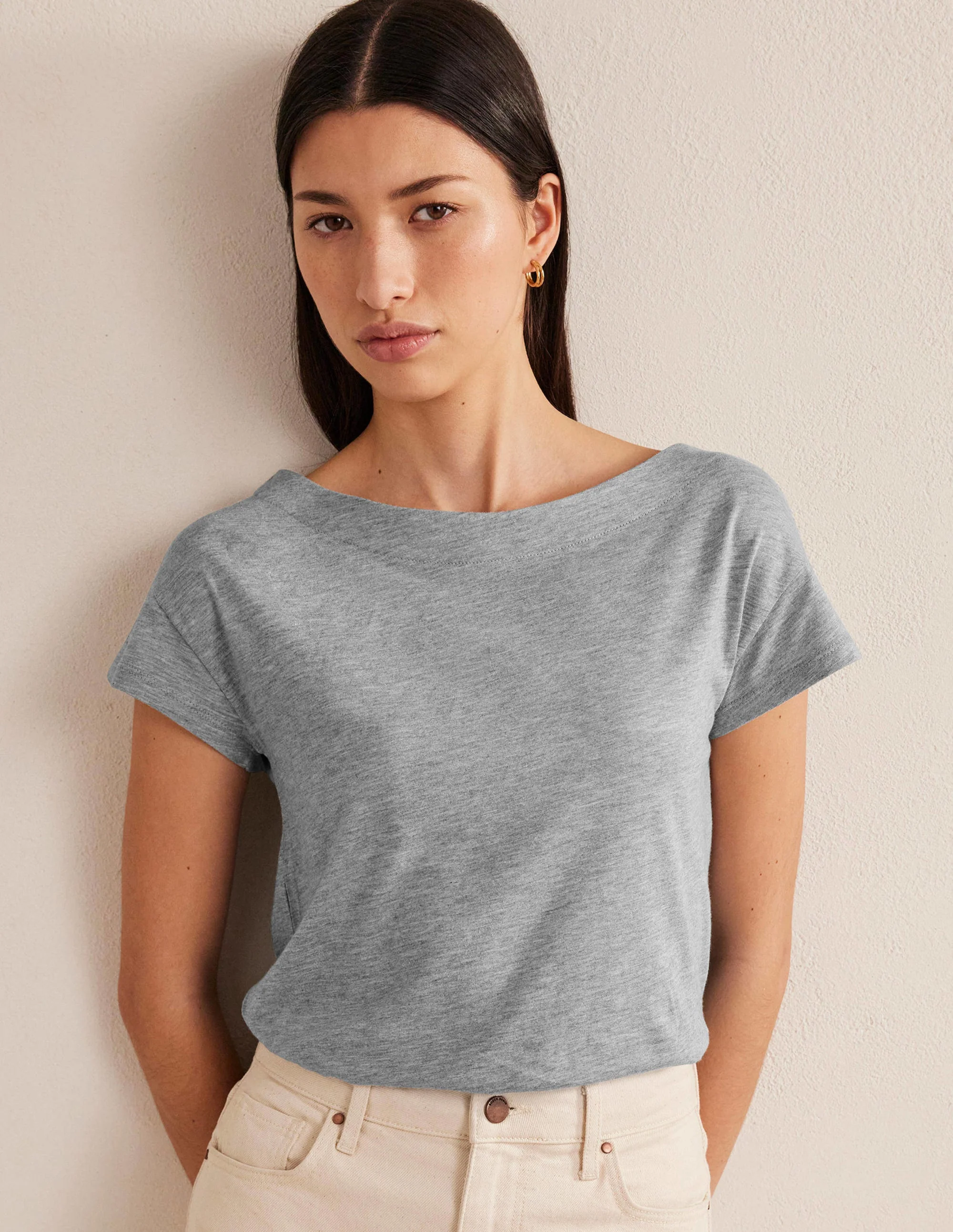 Superweiches T-Shirt mit U-Boot-Ausschnitt-Grau Meliert