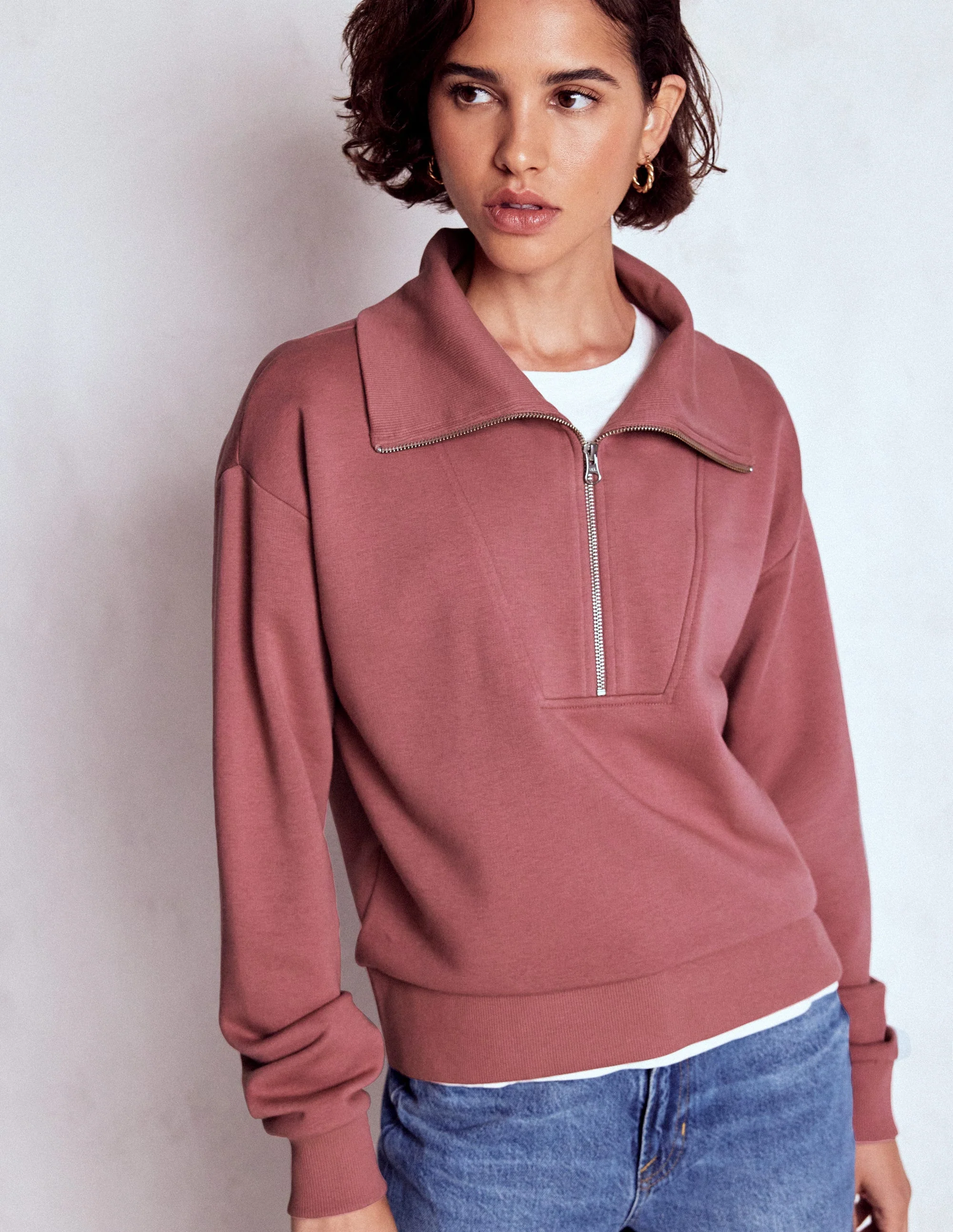 Sweatshirt mit Halbreißverschluss und Einsatz-Rosé