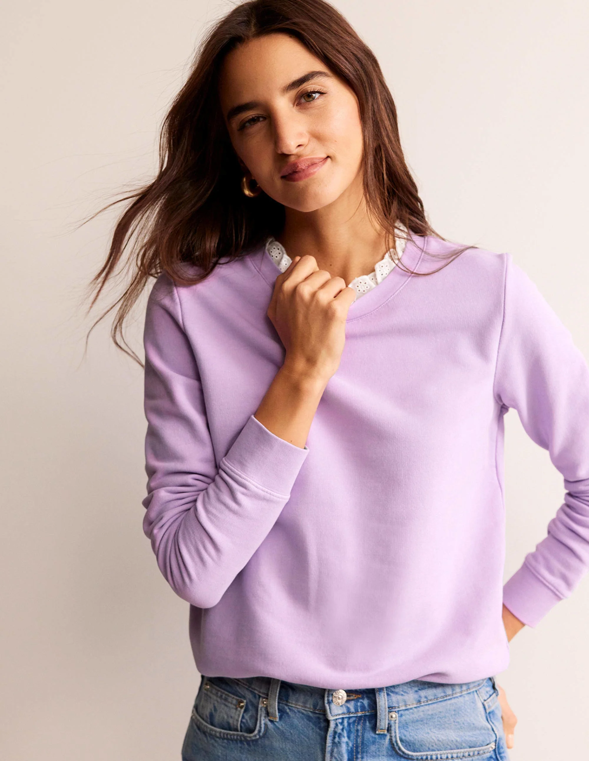Sweatshirt mit Lochstickerei-Besatz-Orchideenblüte