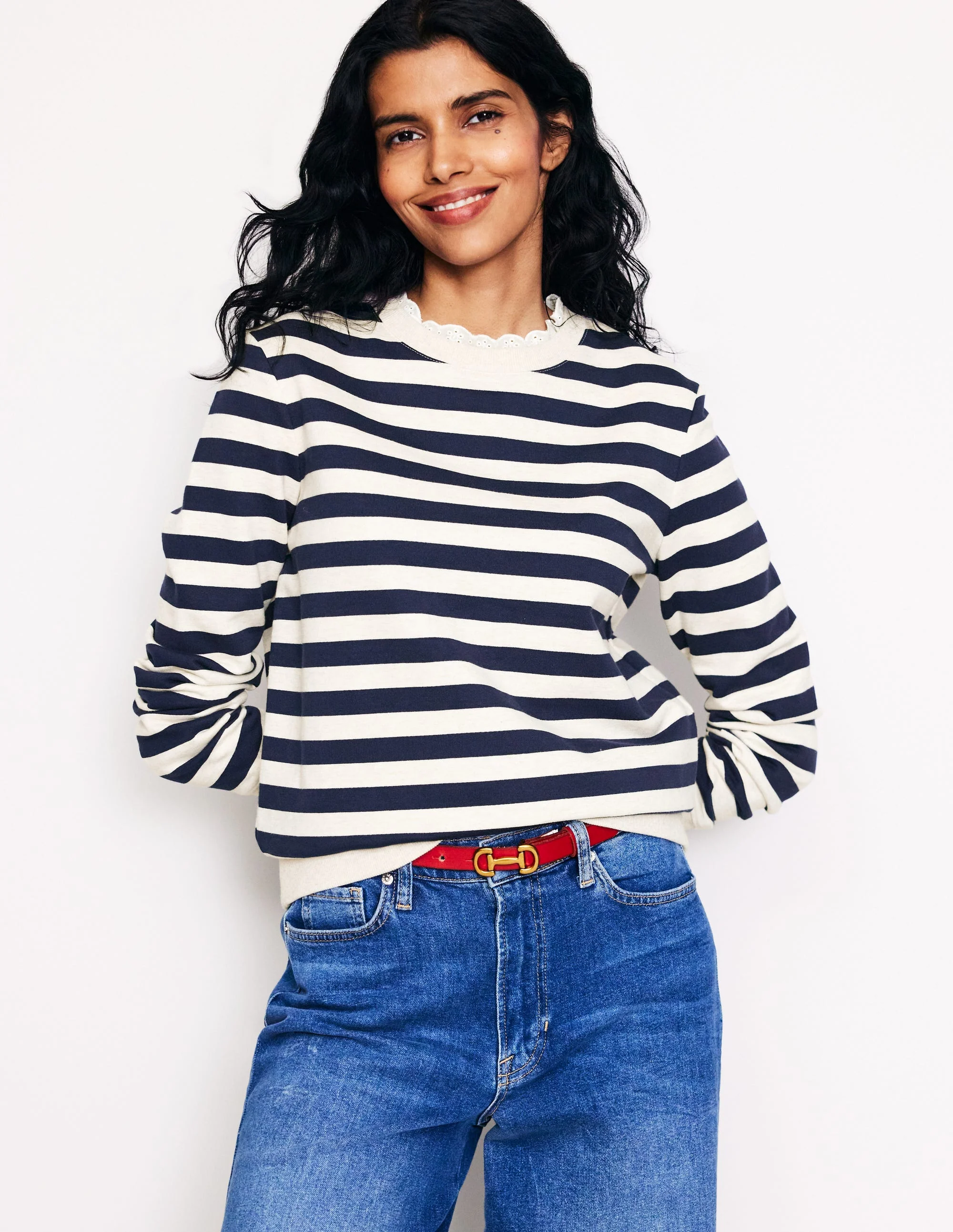 Sweatshirt mit Lochstickerei-Marineblau, Grau Meliert Gestreift - Image 4