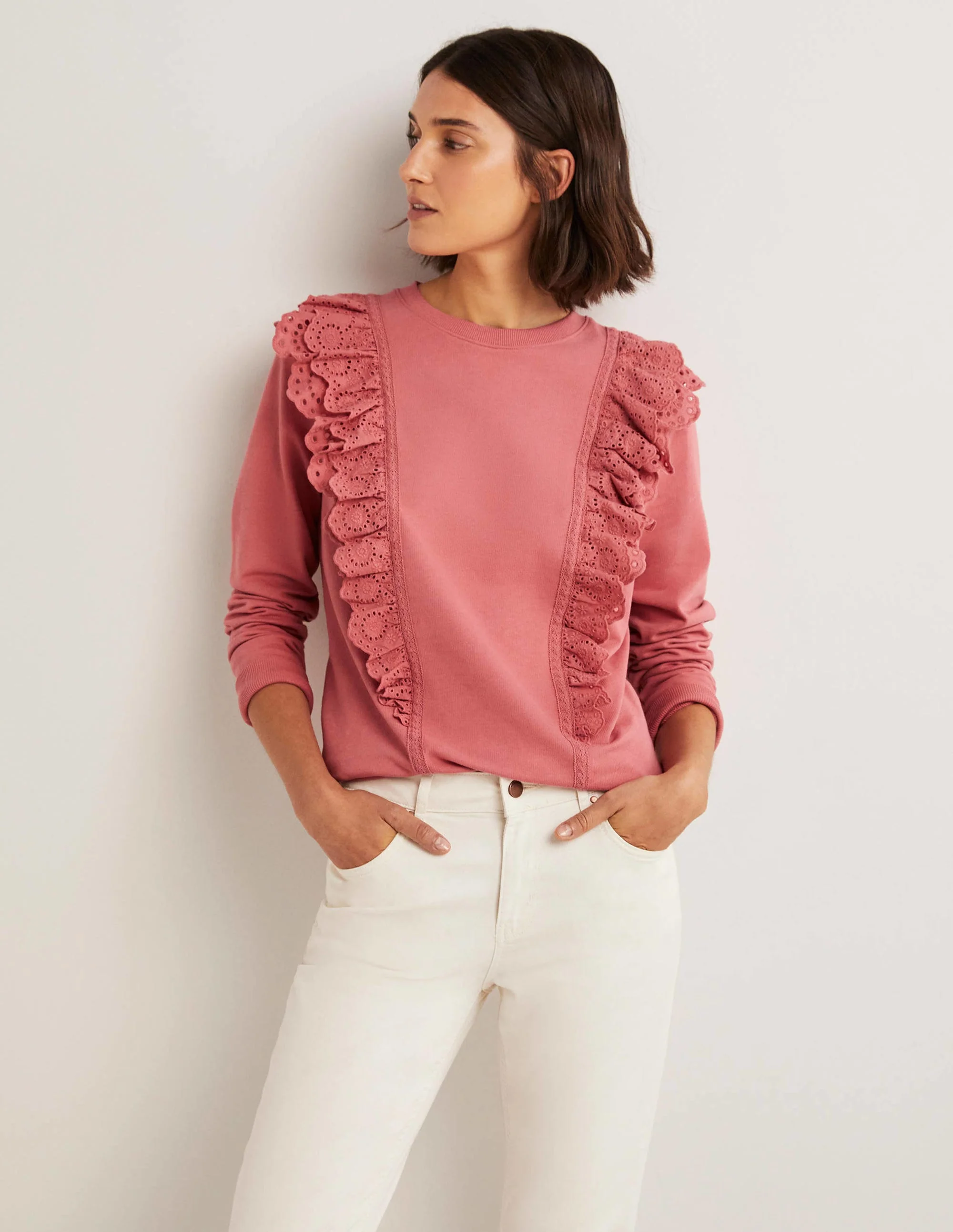 Sweatshirt mit Lochstickereieinsatz-Staubrot