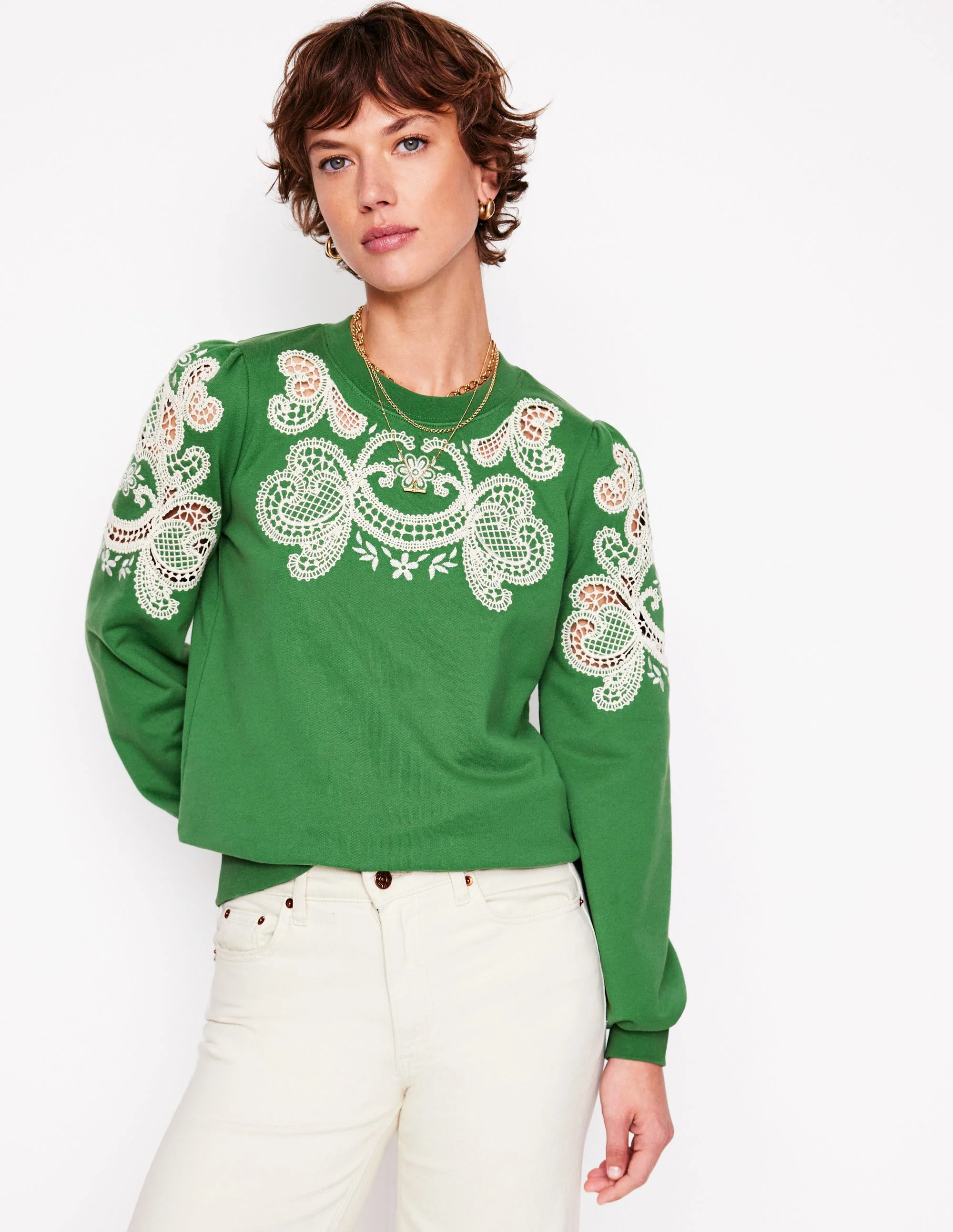 Sweatshirt mit Puffärmeln und Cutwork-Design-Paradiesgrün - Image 3