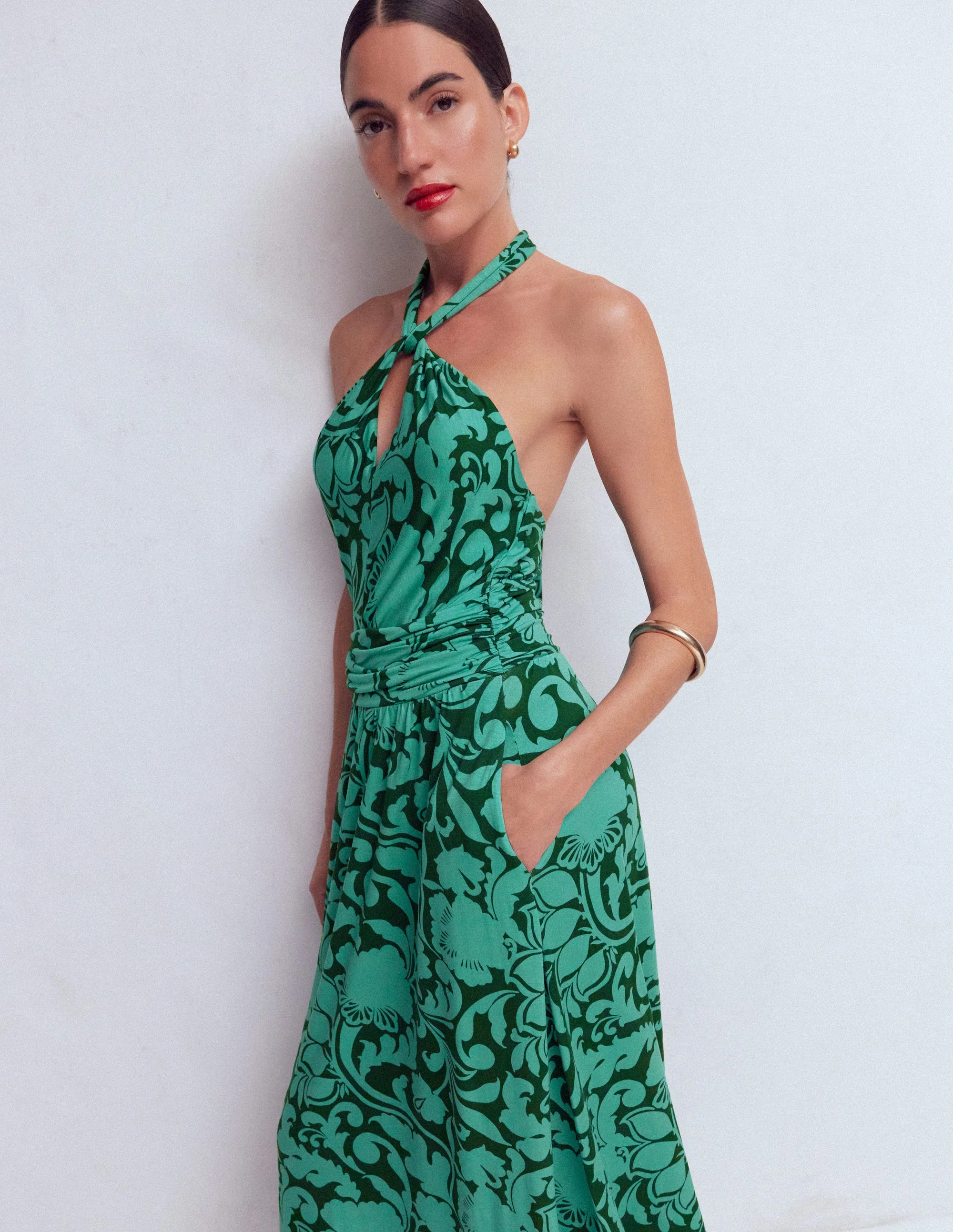 Sydney Jerseykleid mit gedrehtem Ausschnitt-Grün, Blühende Wiese - Image 4