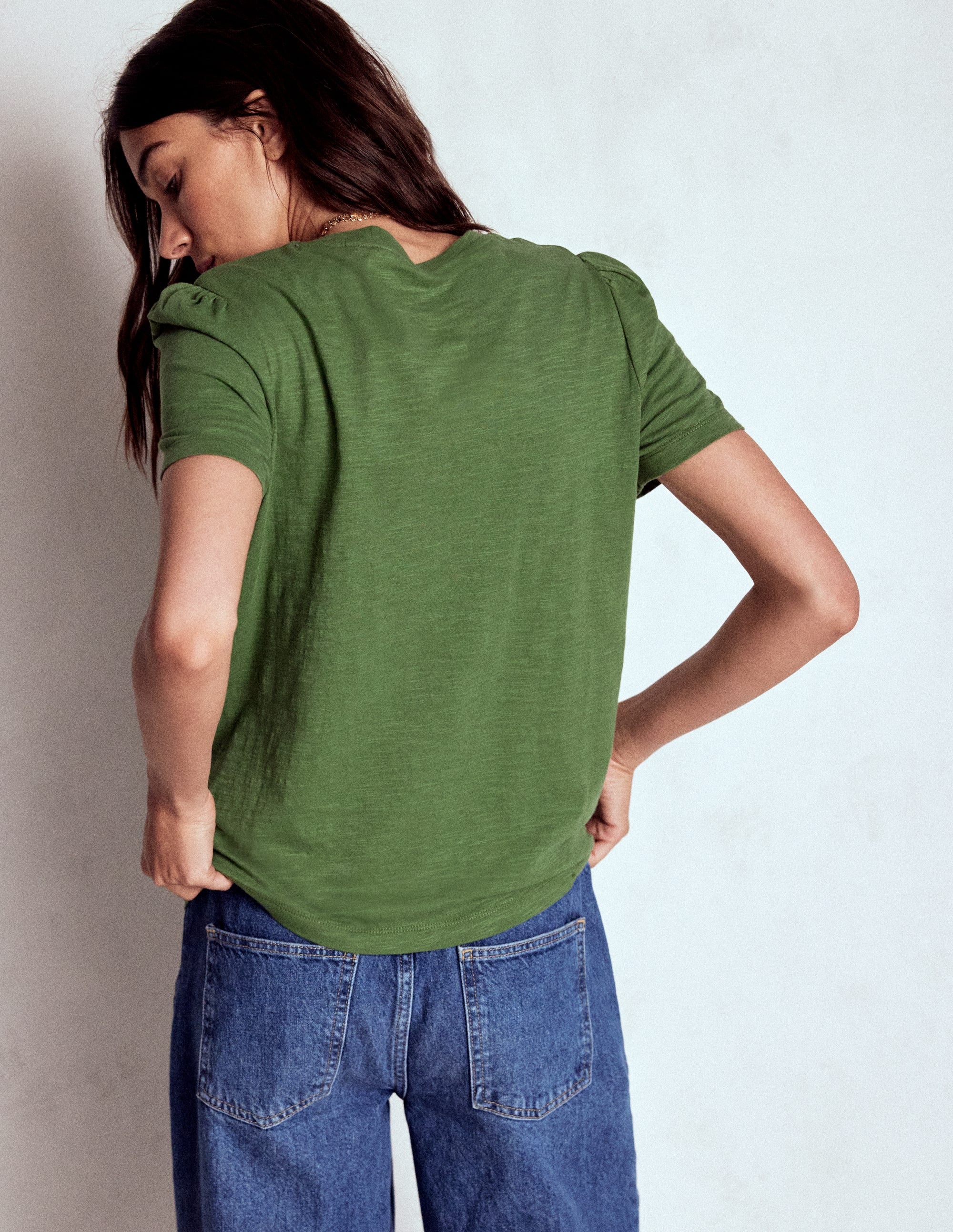 T-Shirt aus Baumwolle mit Puffärmeln-Dunkles Teichgrün - Image 3