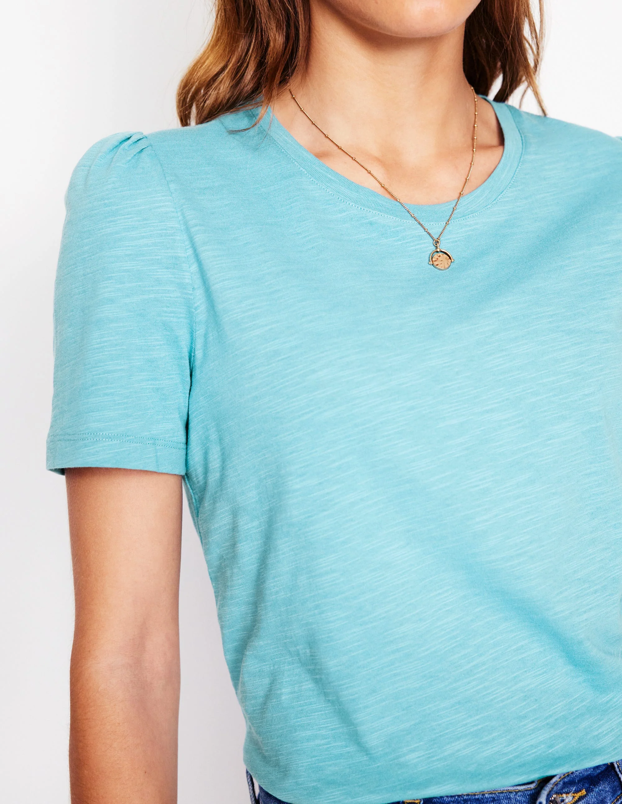 T-Shirt aus Baumwolle mit Puffärmeln-Enteneiblau - Image 2