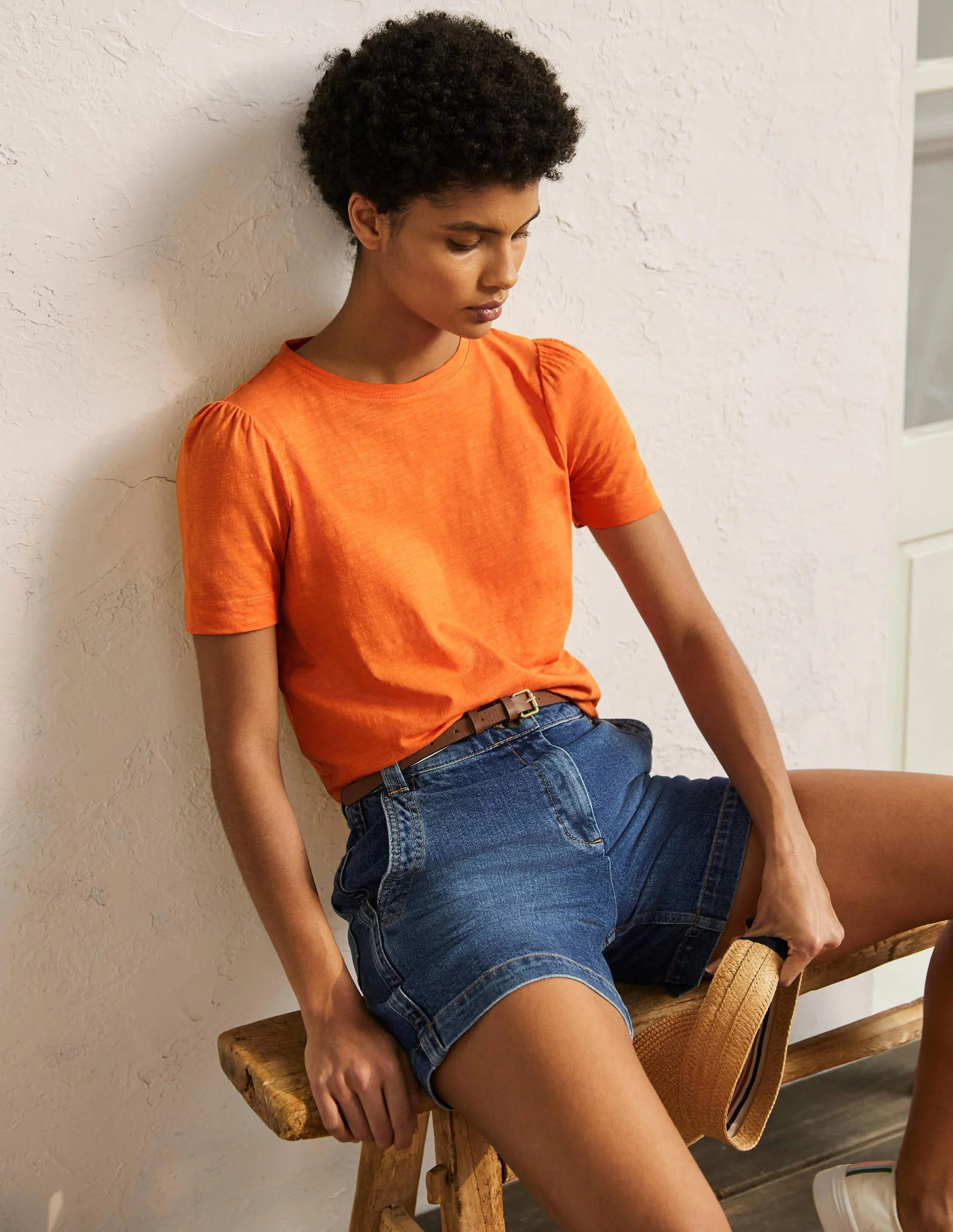 T-Shirt aus Baumwolle mit Puffärmeln-Gedecktes Orange