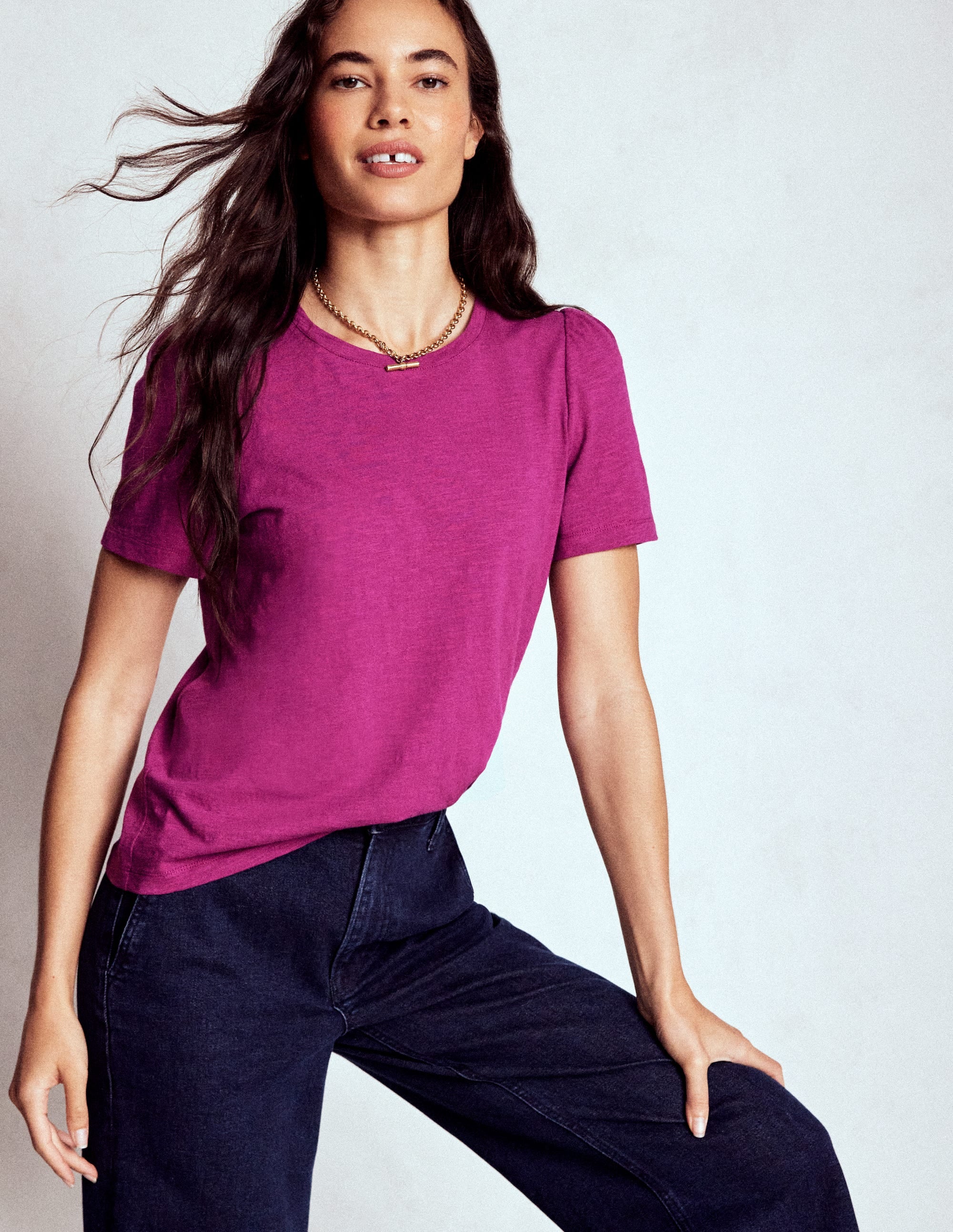 T-Shirt aus Baumwolle mit Puffärmeln-Sattes Magenta
