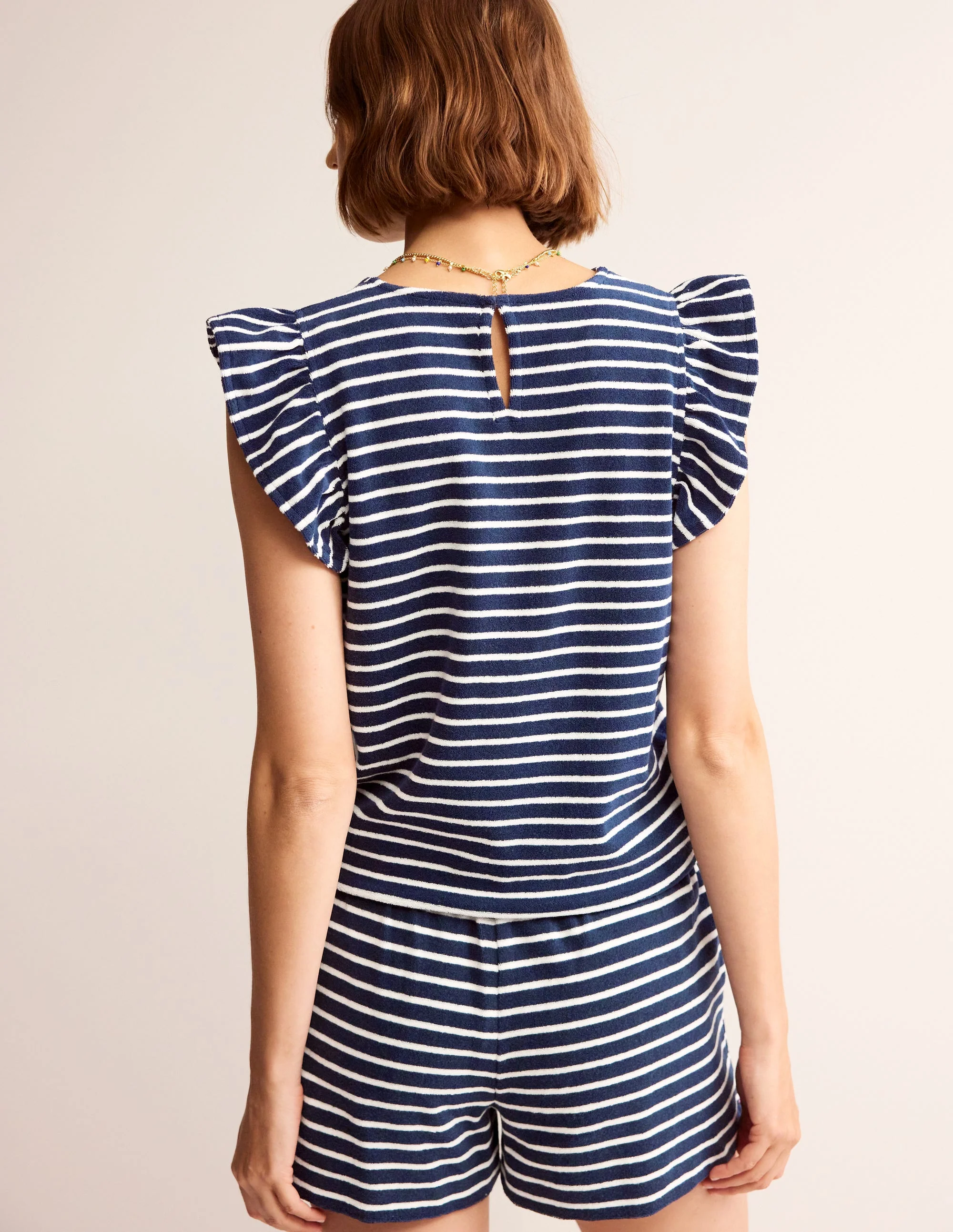 T-Shirt aus Frottee mit Rüschen-Naturweiß, Marineblau - Image 3
