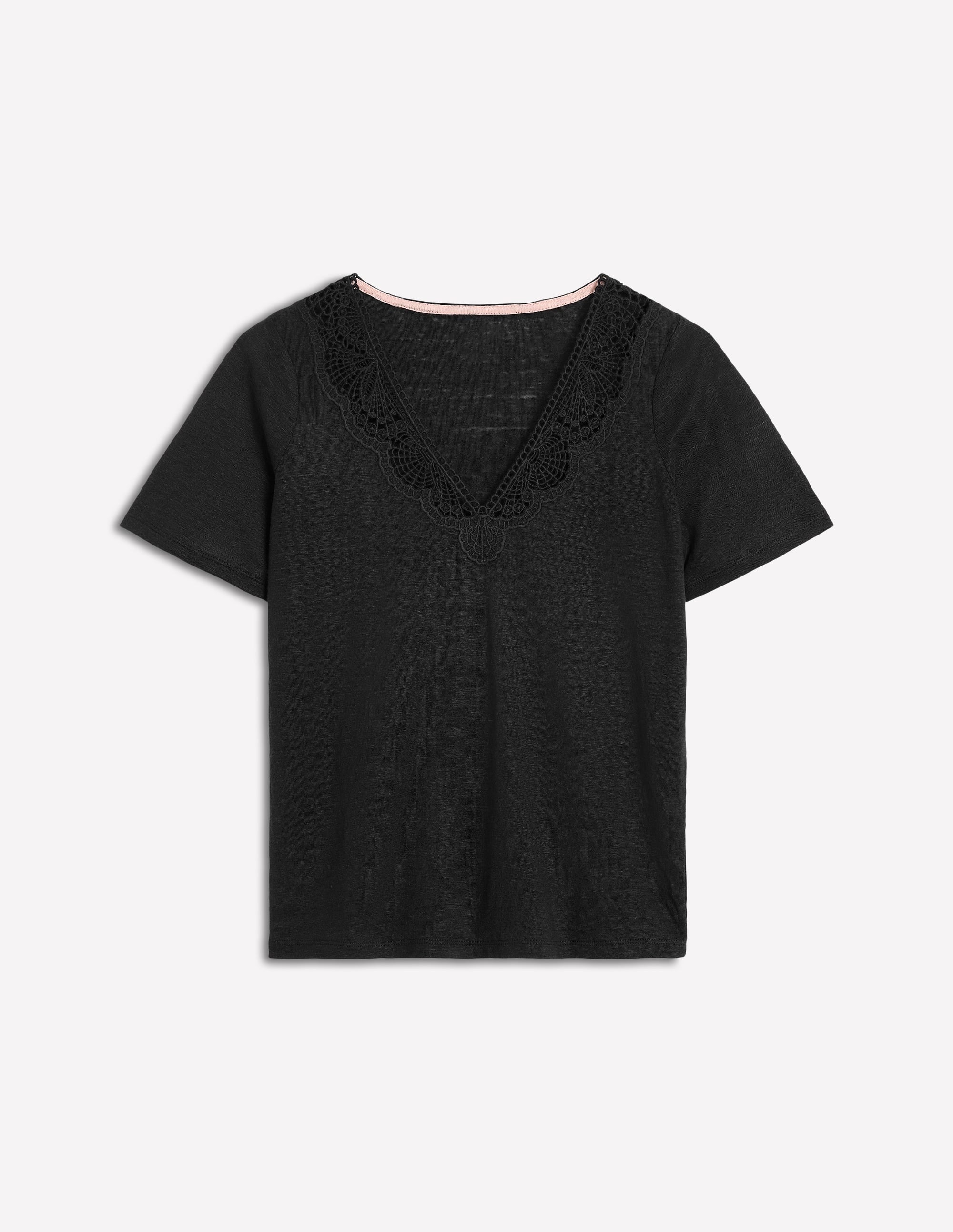 T-Shirt aus Leinen mit Spitzenbesatz-Schwarz - Image 5